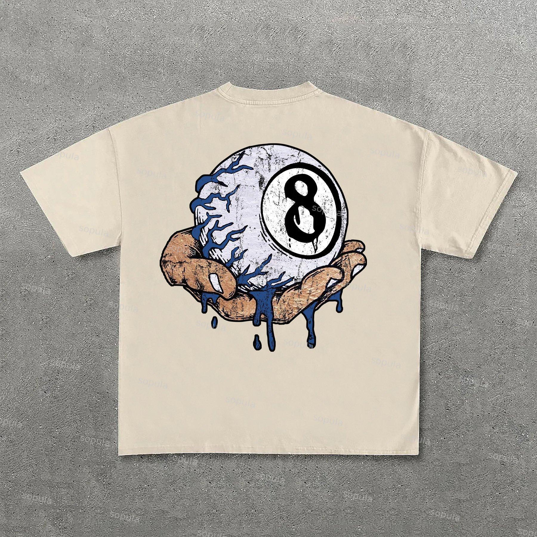 Hand Holding 8 Ball Fun Retro Print Cotton T-Shirt Product Image