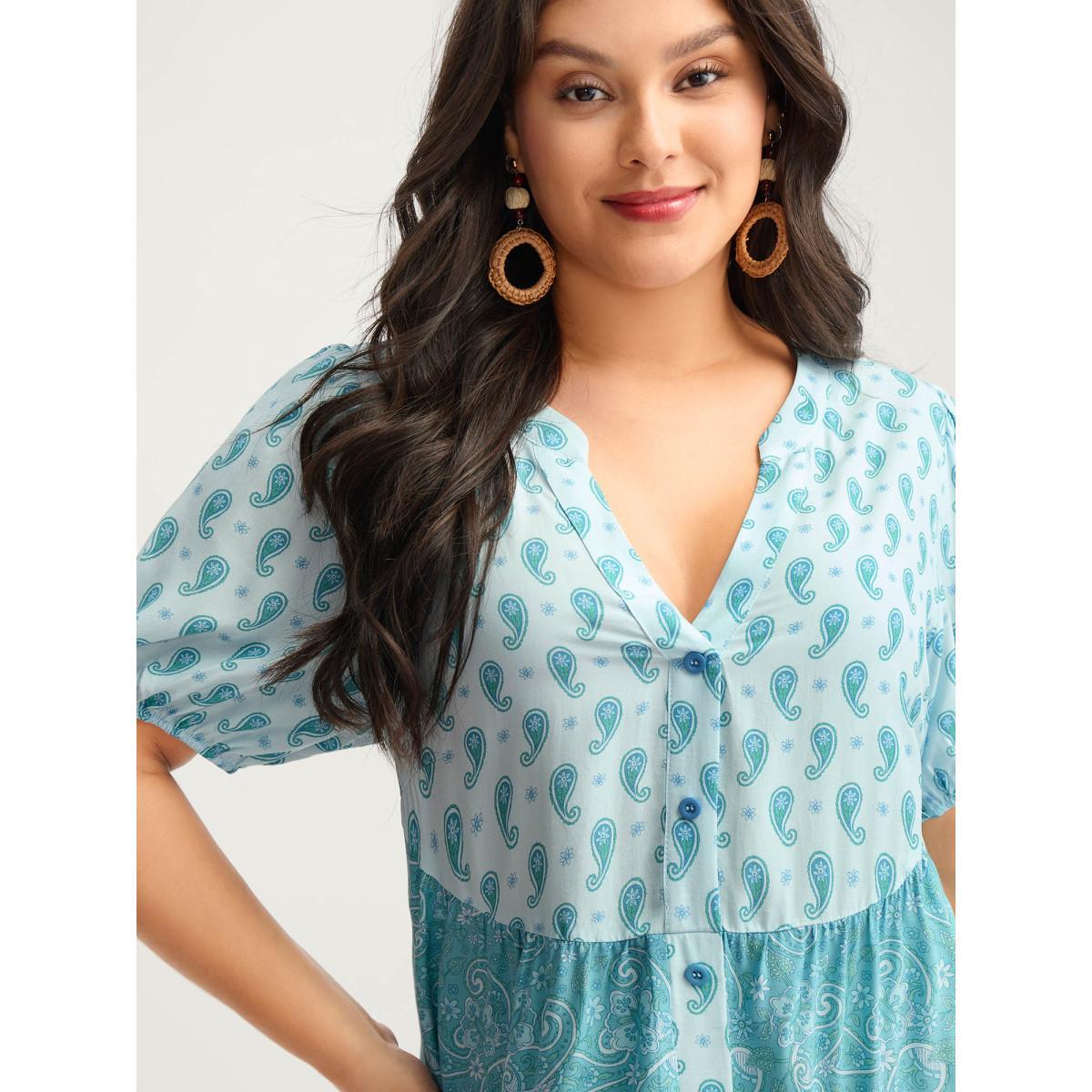 Plus Size Paisley Print Contrast Button Placket Midi Dress Mint Women Flat collar with V-notch Half Sleeve Curvy BloomChic 22-24/3X Product Image