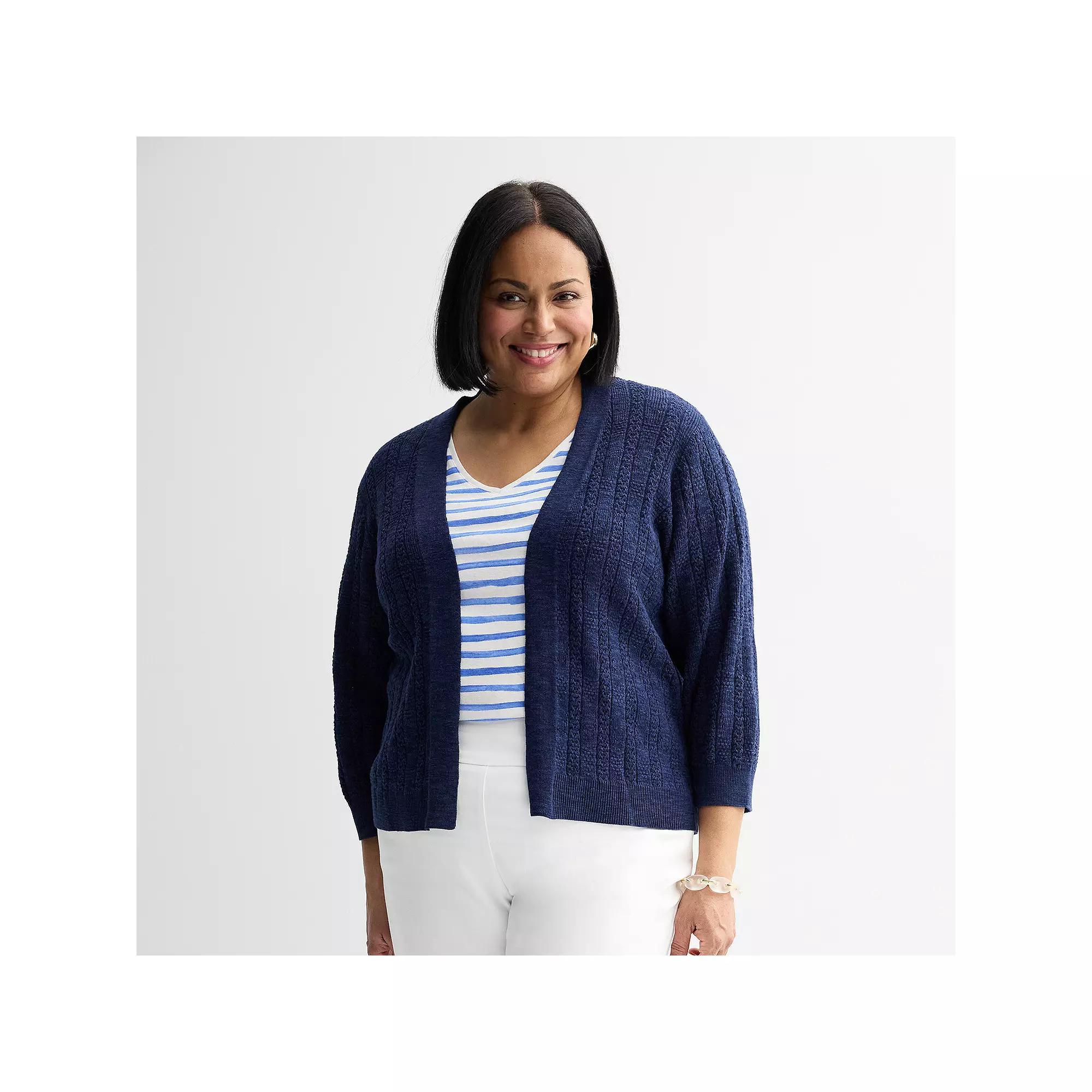 Plus Size Croft & Barrow® Pointelle Basket Open Front Cardigan, Women's, Size: 5XL, Blue Product Image