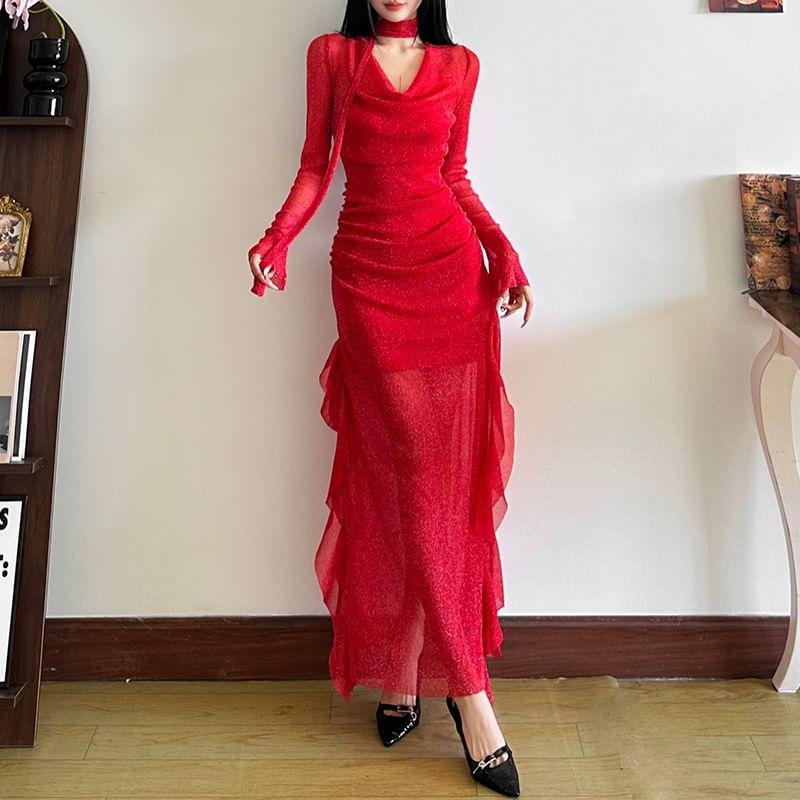 Long Sleeve Cowl Neck Ruffle Trim Glitter Midi Bodycon Dress Product Image