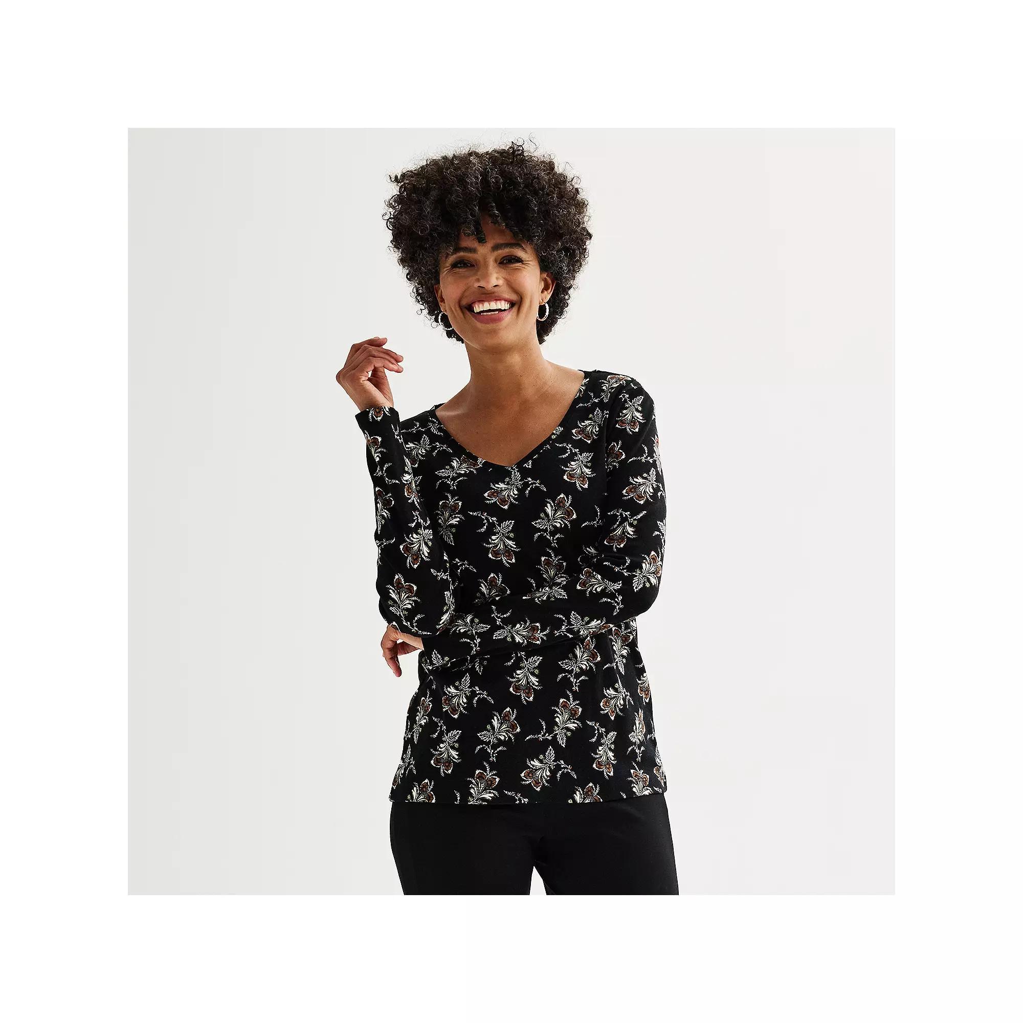 Women's Croft & Barrow® Essential Long Sleeve V-Neck Tee, Size: Medium, Red Medallion Product Image