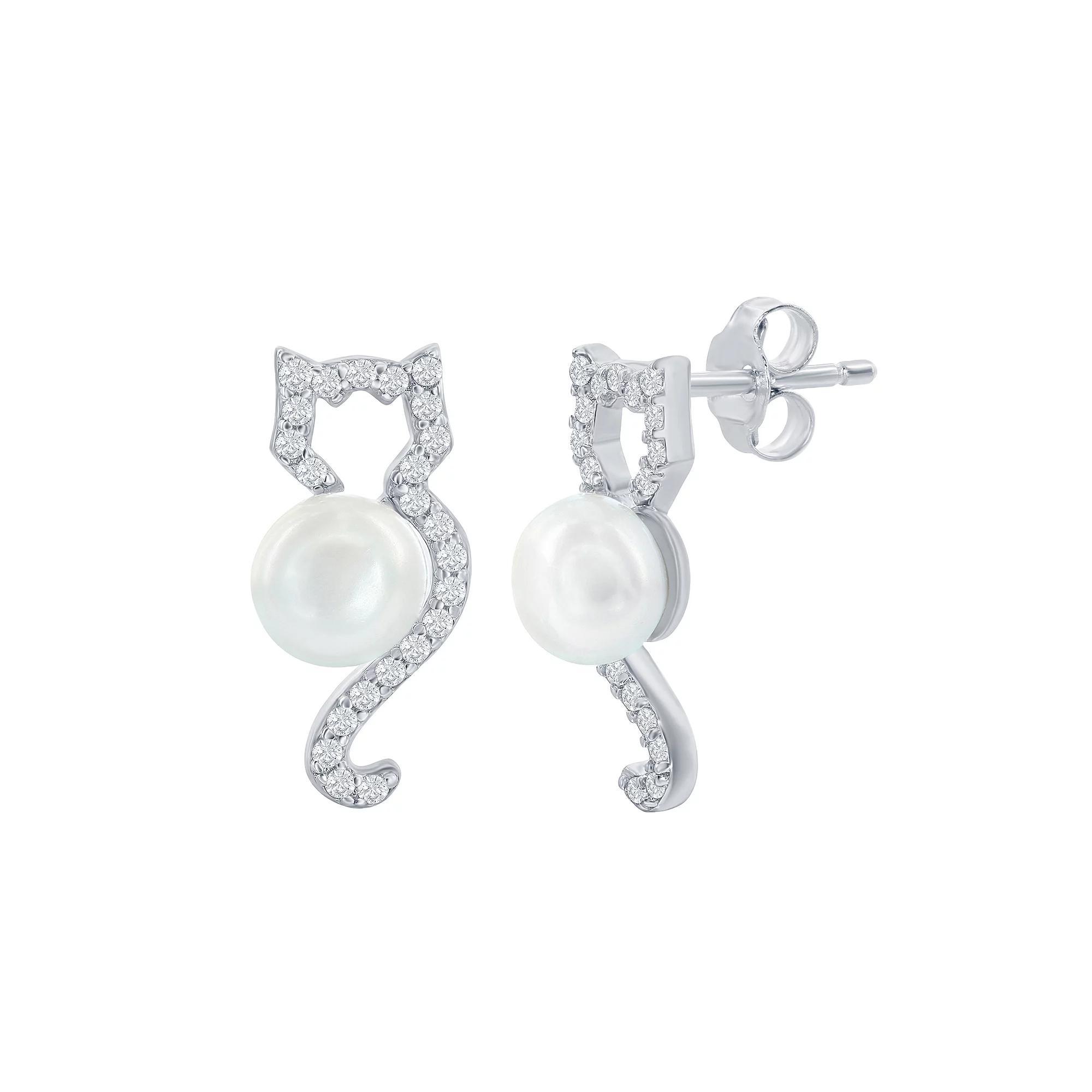 Sterling Silver Cubic Zirconia & Freshwater Cultured Pearl Cat Earrings, Women's Product Image