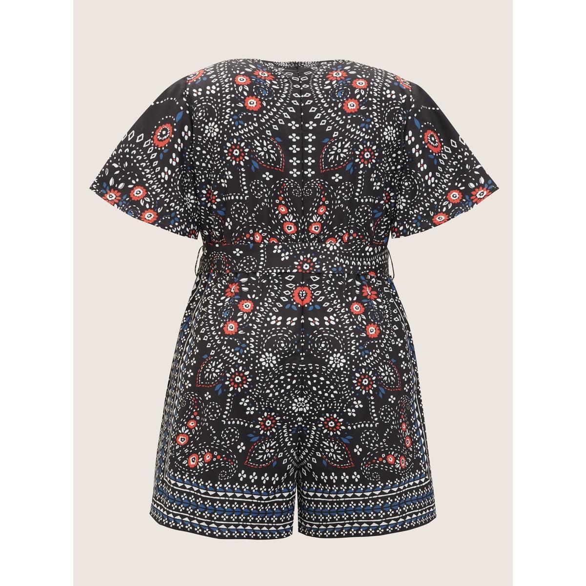 Plus Size Black Bandana Print Belted Pocket Surplice Neck Romper Women Resort Short sleeve V-neck Vacation Loose Jumpsuits BloomChic 12/L Product Image