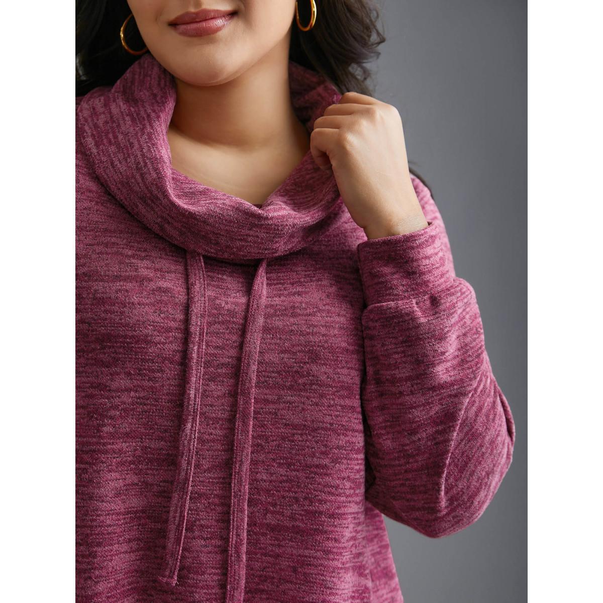 Plus Size Cowl Neck Plain Heather Drawstring Sweatshirt Women RedViolet Casual Drawstring Loose Ruffled collar Everyday Sweatshirts BloomChic 18-20/2X Product Image