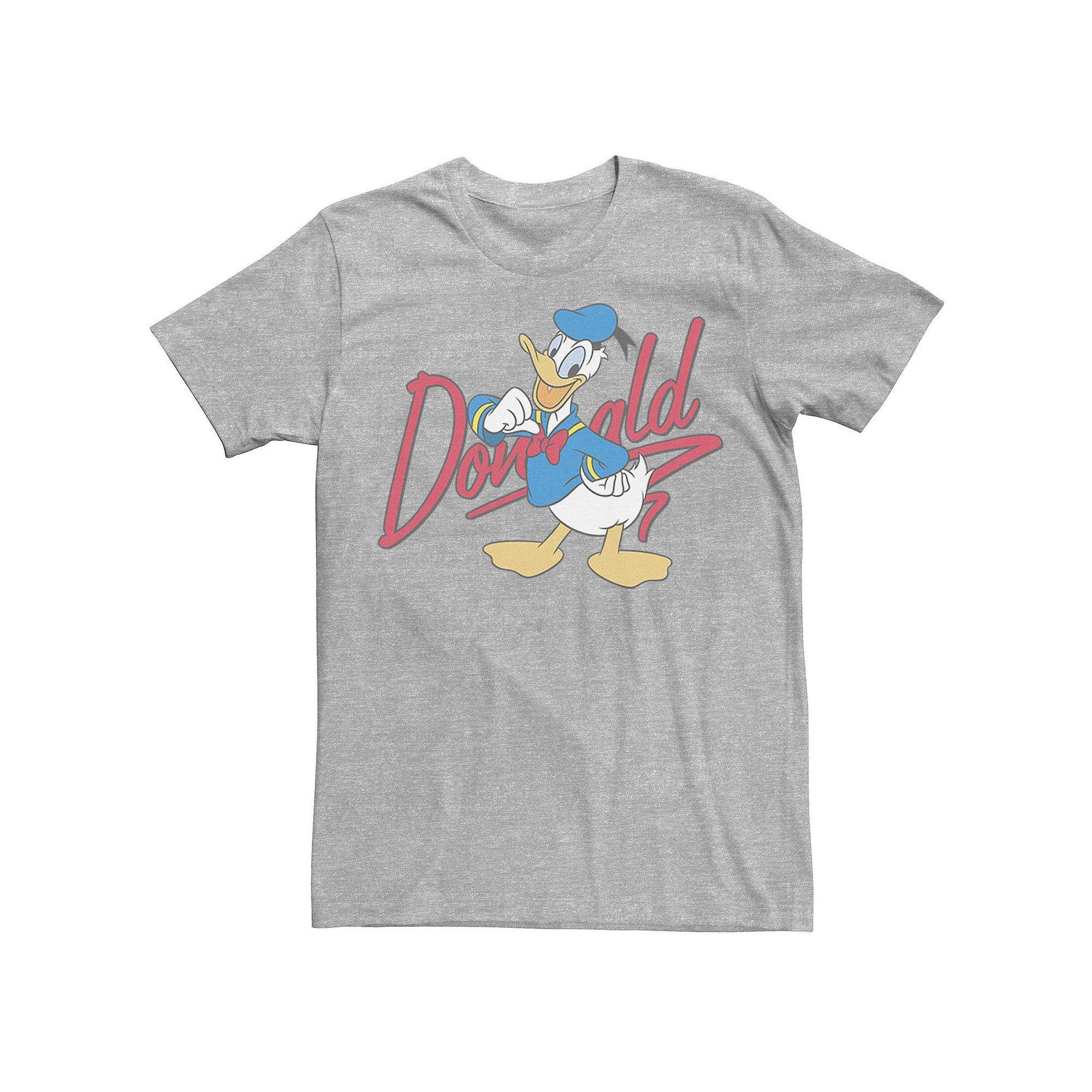 Disney's Donald Duck Men's Red Cursive Text Logo Portrait Tee, Size: Large, Athletic Grey Product Image