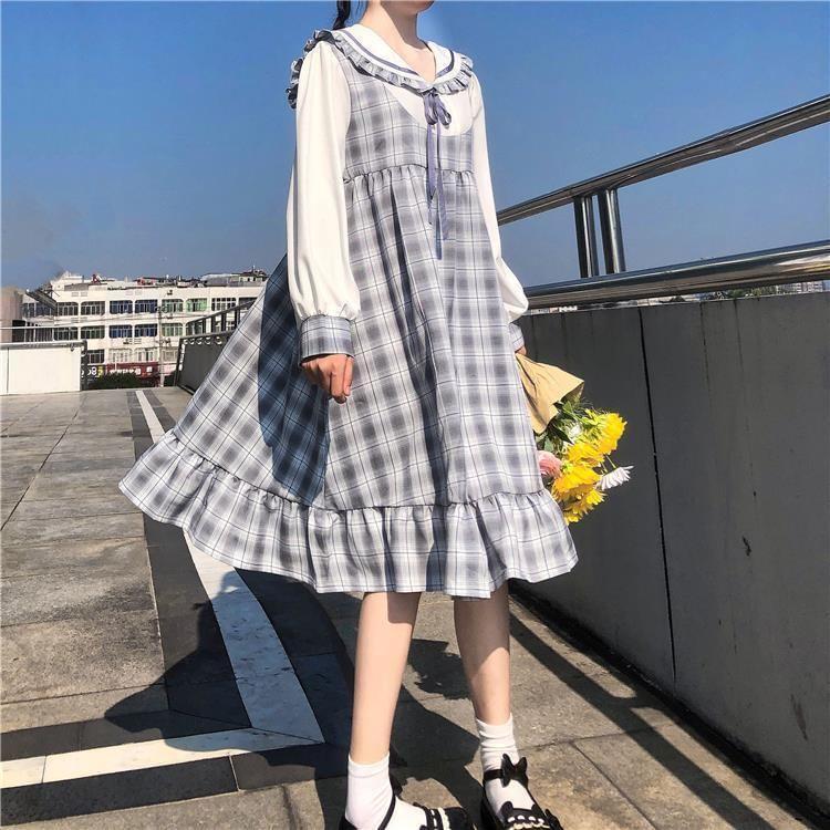 Puff-Sleeve Collar Plaid Bow Smock Dress Product Image