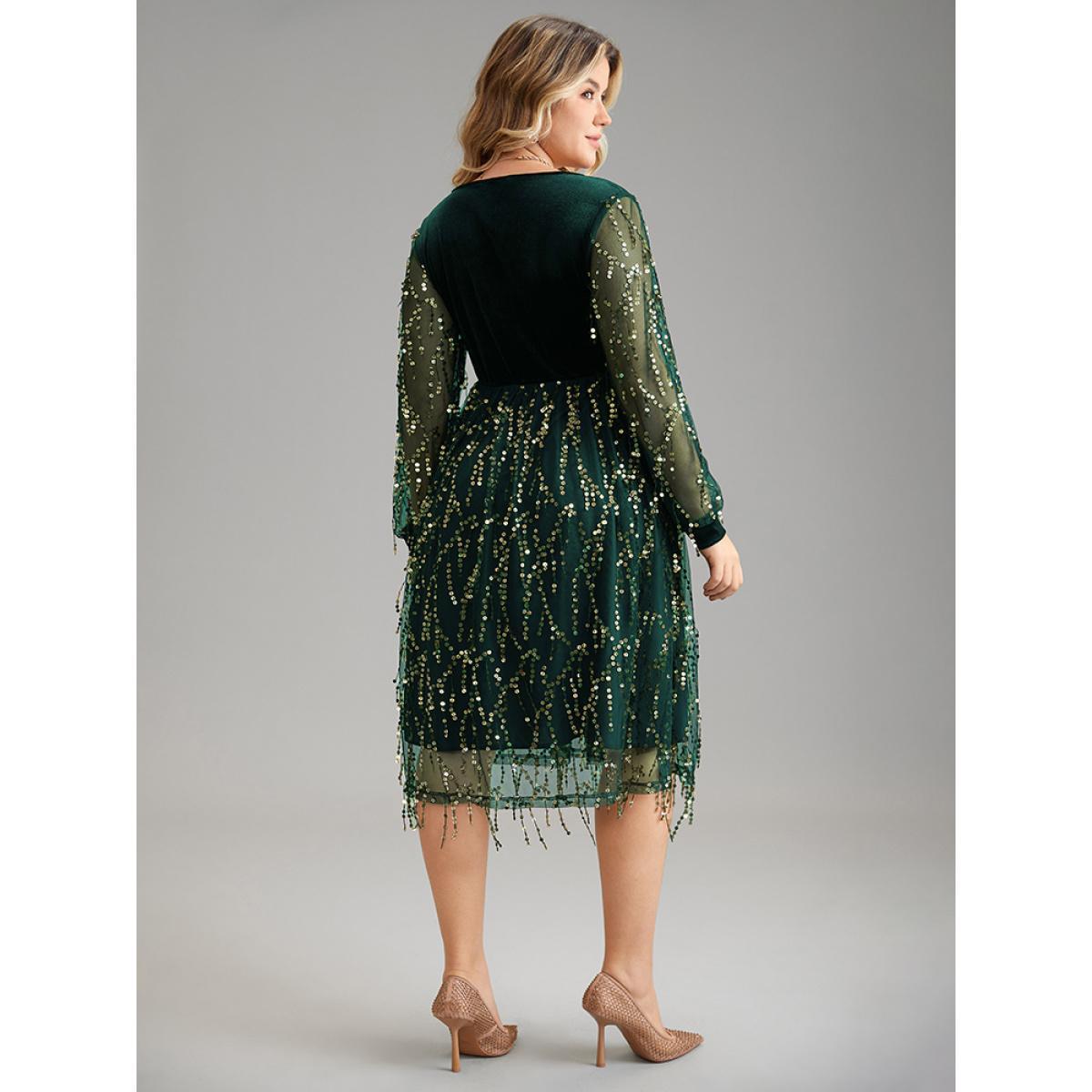 Plus Size Velvet Sequin Tassels Mesh Surplice Neck Dress Green Women Cocktail Sequin Overlap Collar Long Sleeve Curvy Midi Dress BloomChic 14-16/1X Product Image