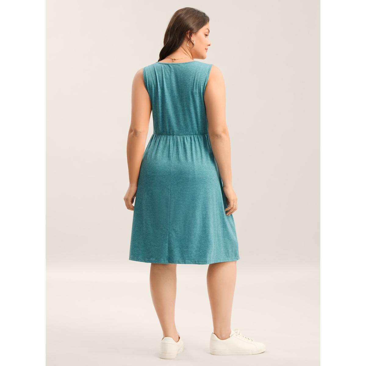 Plus Size Buckle Detail Ruched Midi Knit Dress Cerulean Women Knit Dresses Bloomchic 14-16/1X Product Image