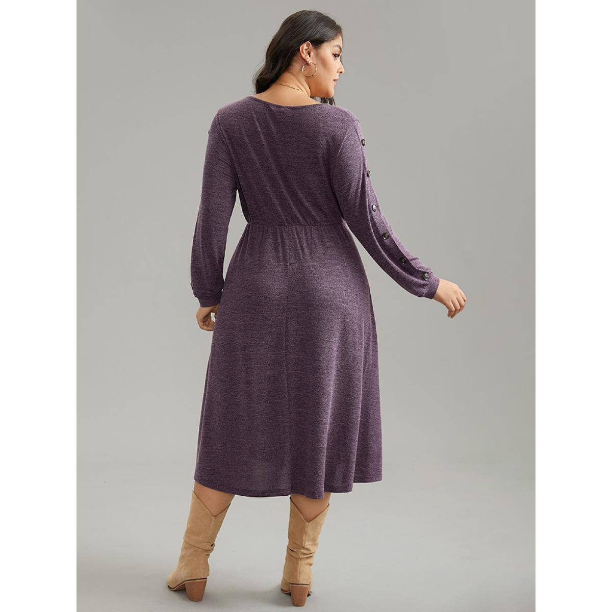 Plus Size Plisse Solid Side Button Detail Dress Purple Women Casual Plain Round Neck Long Sleeve Curvy Midi Dress BloomChic 18-20/2X Product Image