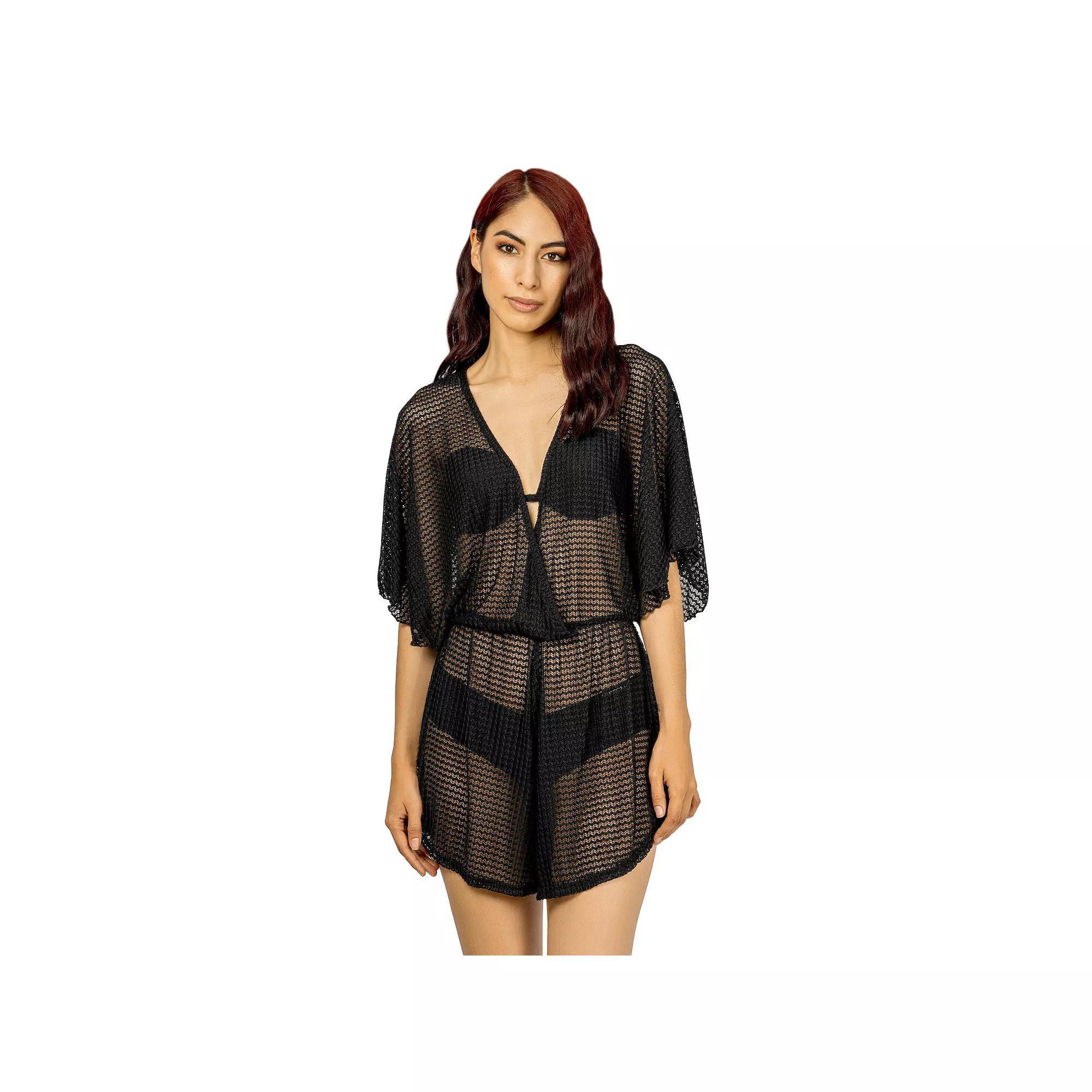 Women's Jordan Taylor Batwing-Sleeve Sheer Swim Cover-Up Romper, Size: Large, Black Product Image
