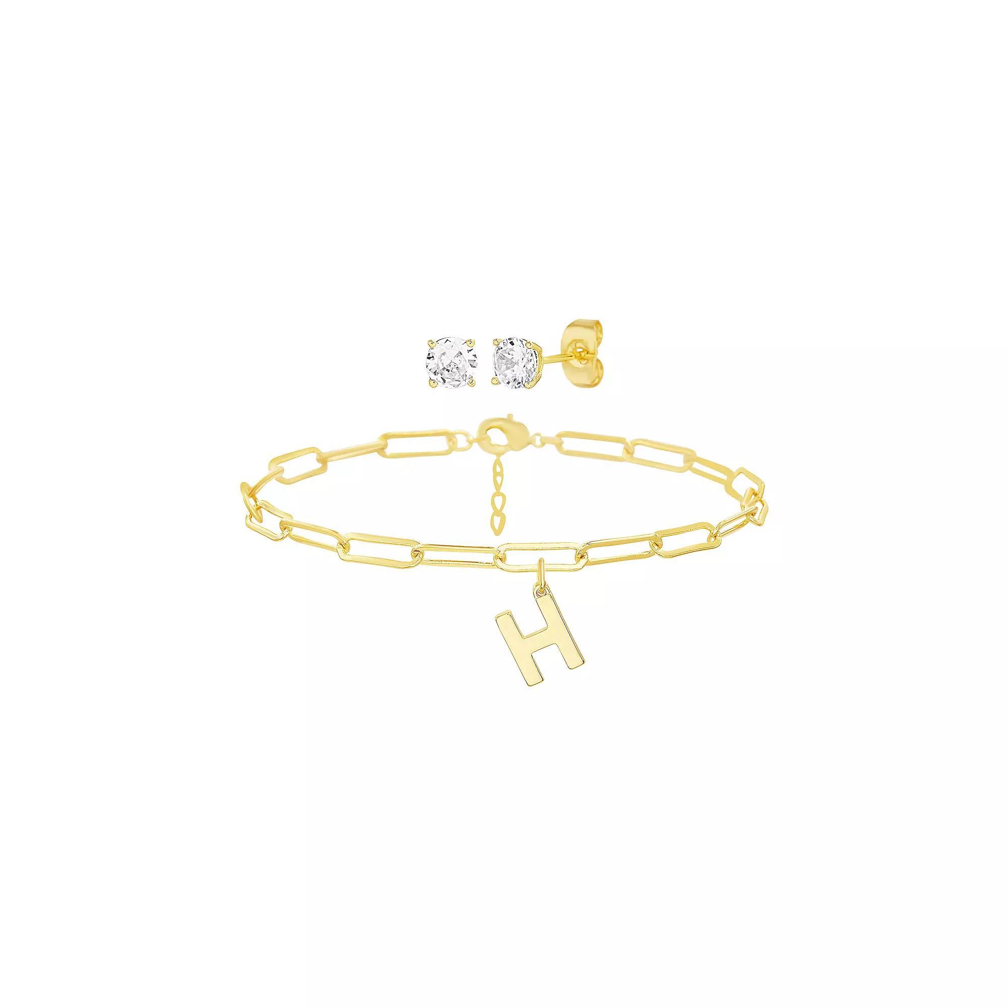 Paige Harper 14k Gold Plated Initial Charm Bracelet & Cubic Zirconia Stud Earring Set, Womens Gold Tone H Product Image