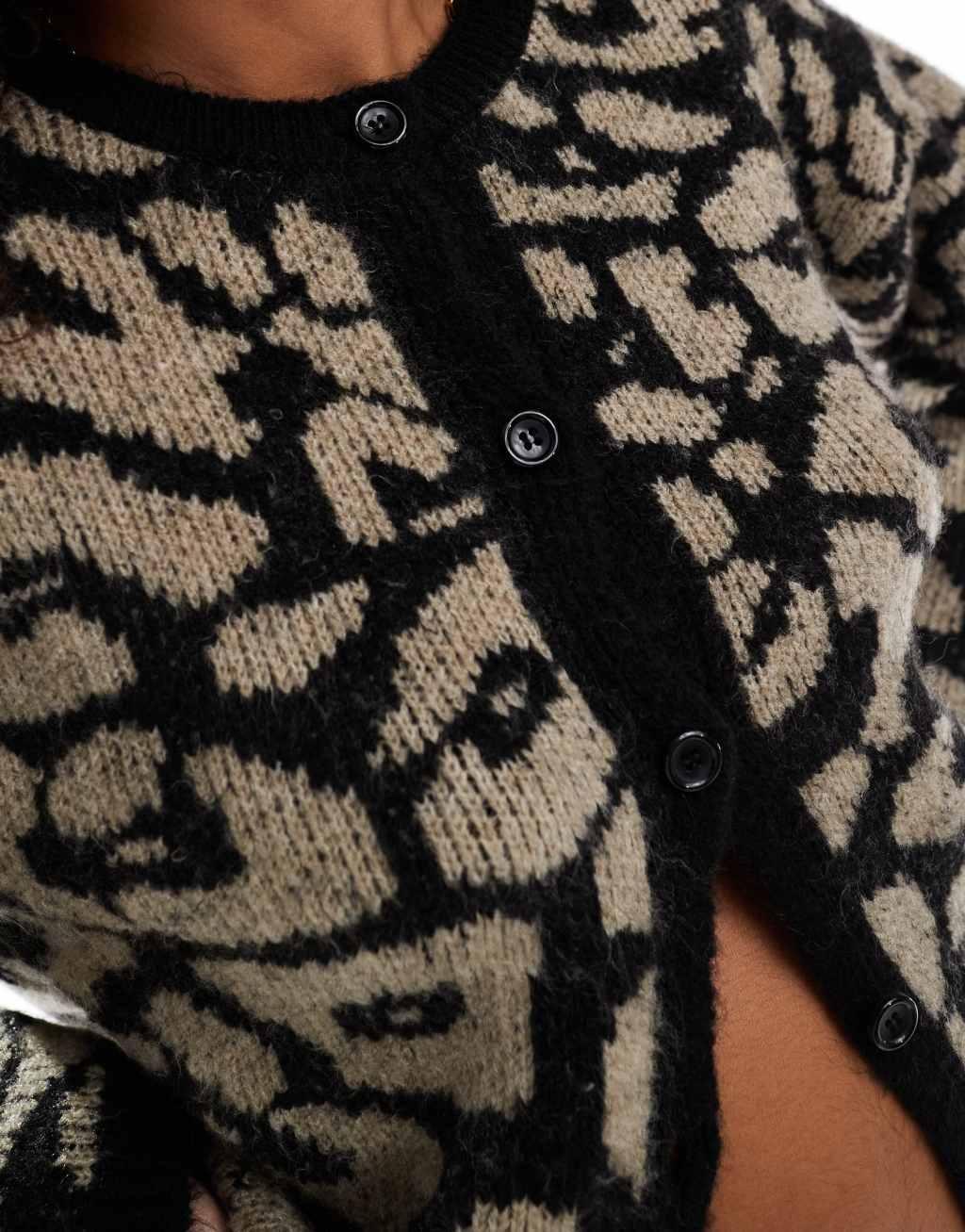ASOS DESIGN fluffy knit crew neck cardigan in leopard Product Image