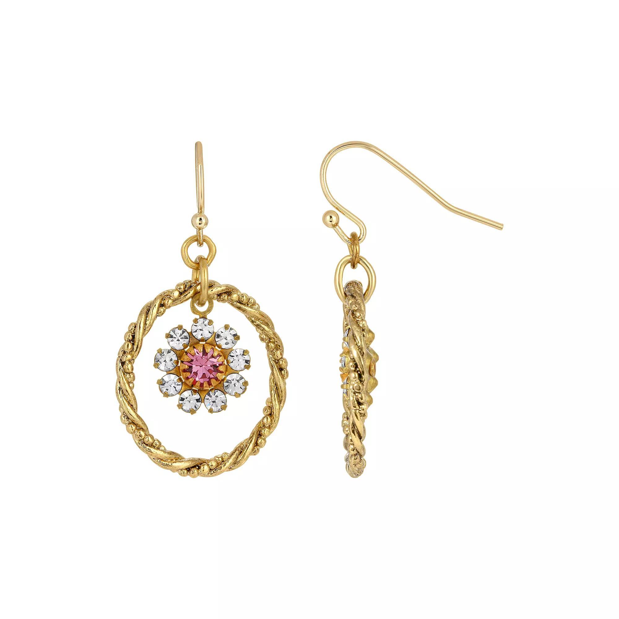 1928 Gold Tone Pink Crystal Flower Orbital Earrings, Womens Product Image