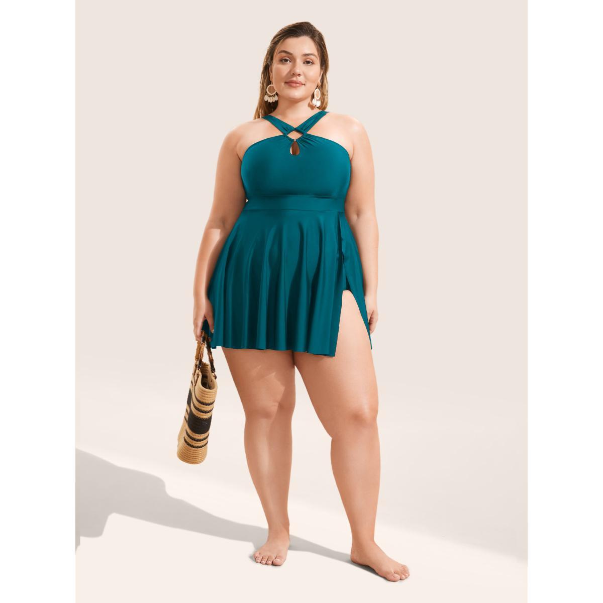 Plus Size Plain Cut Out Split Side Swim Dress Women's Swimwear Cyan Beach Bodycon Halter neck High stretch Curve Swim Dresses BloomChic 10/M Product Image