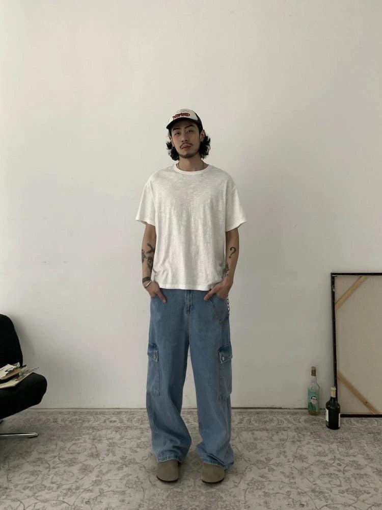 RT No. 19507 DENIM BLUE BAGGY STRAIGHT CARGO JEANS Product Image