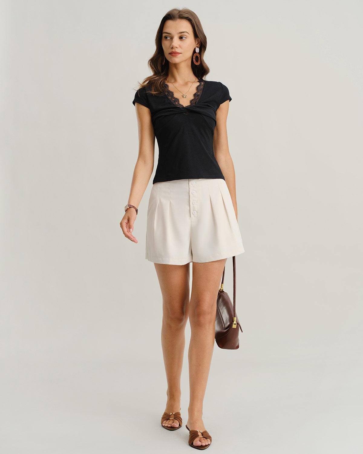 Black V Neck Twist Lace Tee Product Image