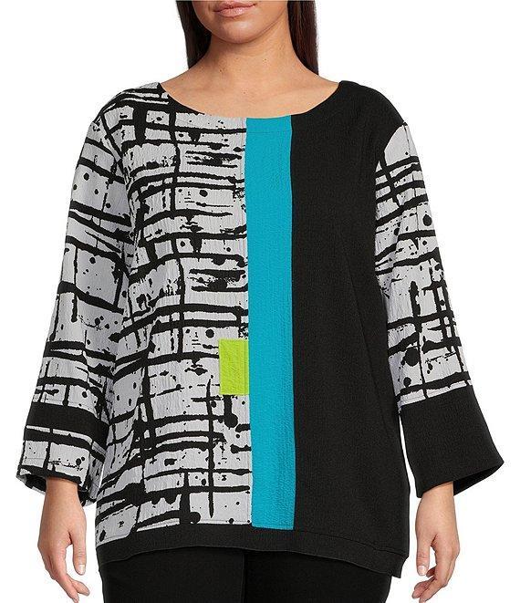 Ali Miles Plus Size Mixed-Media Abstract Printed Round Neck 3/4 Sleeve Top Product Image