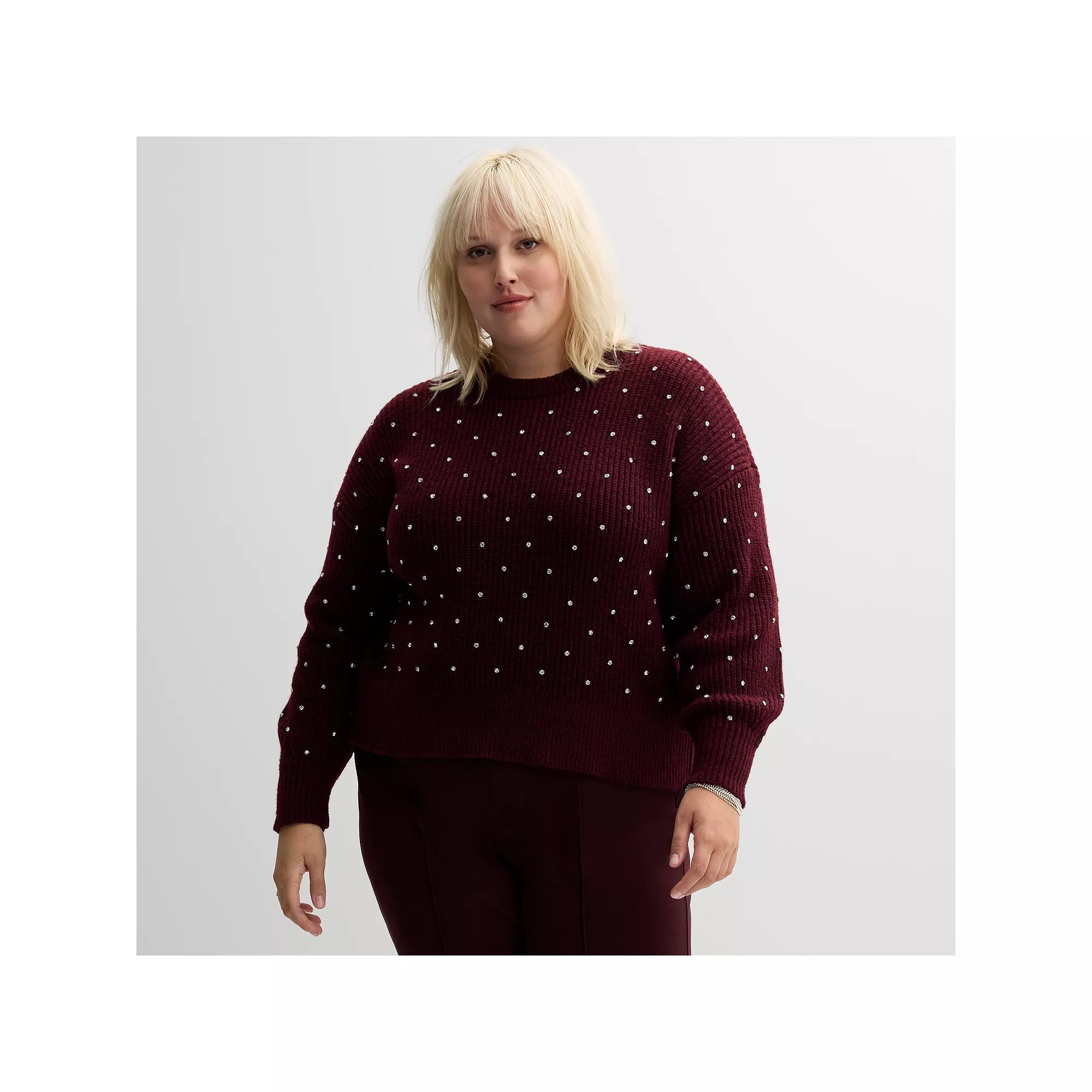 Plus Size Nine West Rhinstone Detailed Crewneck Sweater, Women's, Size: 3XL, Maddie Purple Product Image