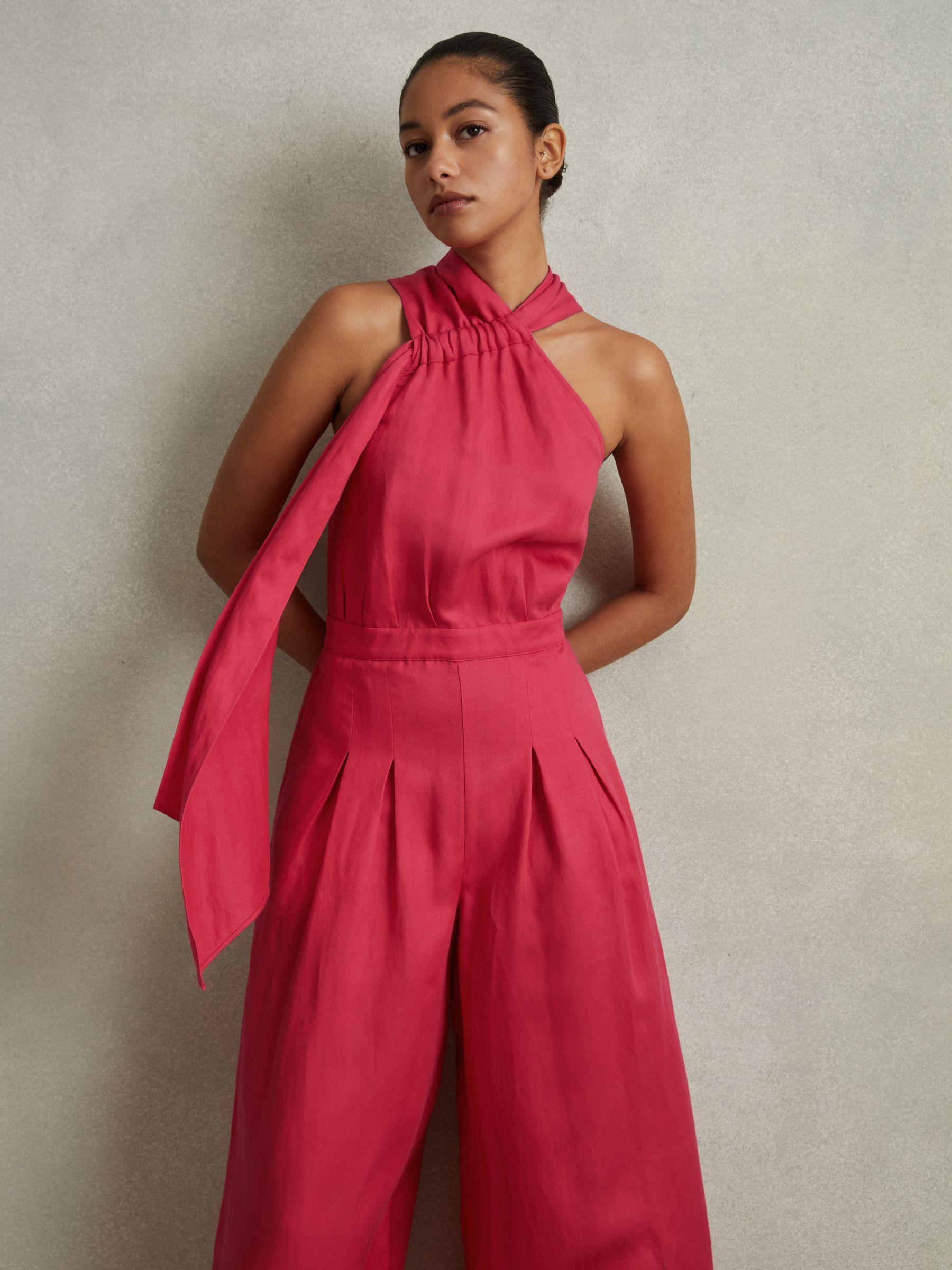 Petite Linen Blend Drape Jumpsuit in Coral Product Image
