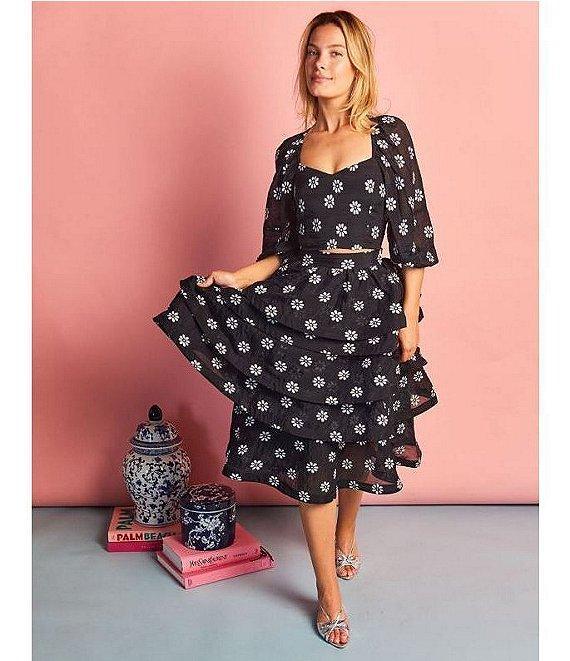 Buru Woven Brocade Floral Print Sweetheart Neck Long Balloon Sleeve Smocked Keyhole Back Cropped Coordinating Bustier Top Product Image