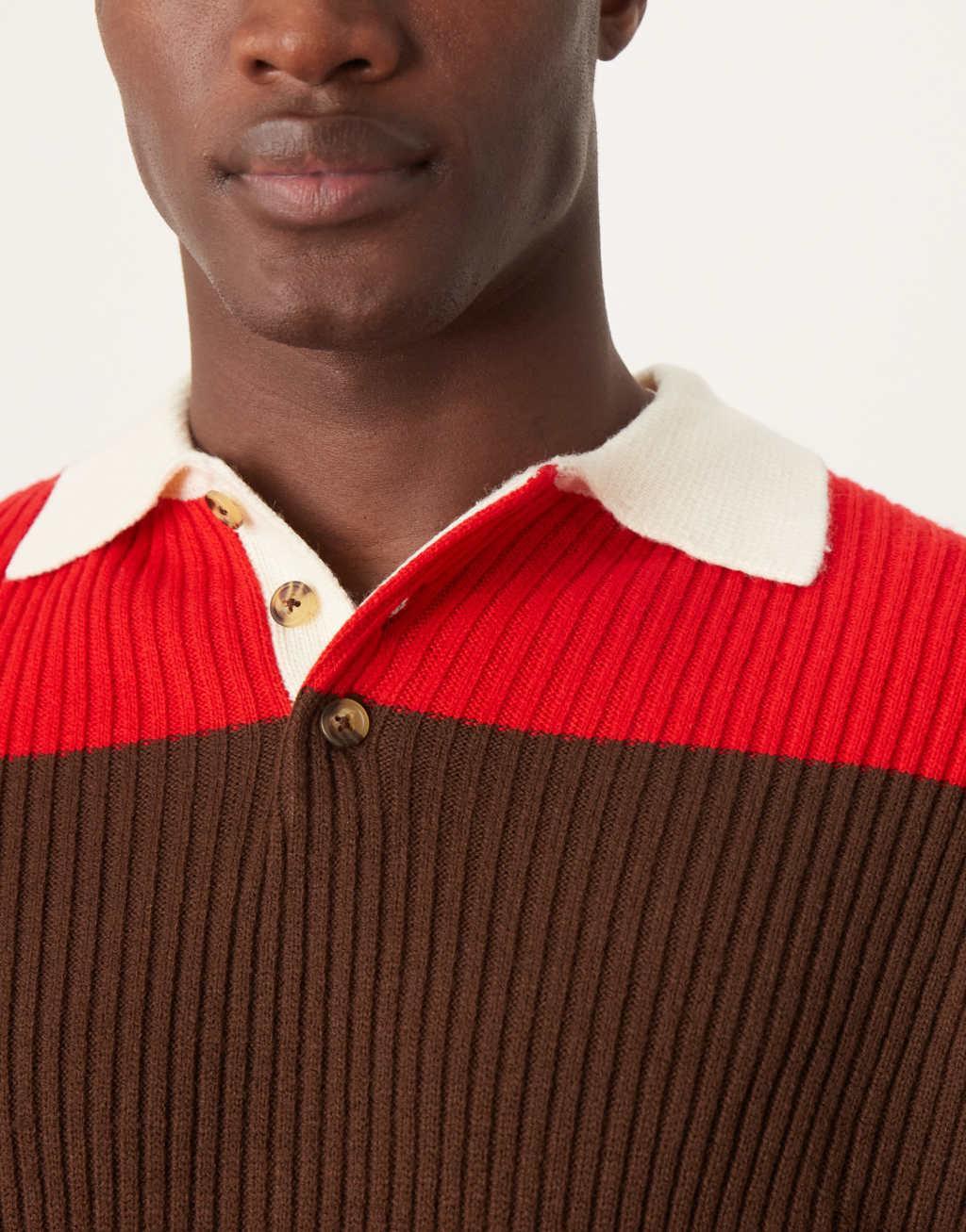ASOS DESIGN relaxed knit rugby polo in red and brown stripe Product Image