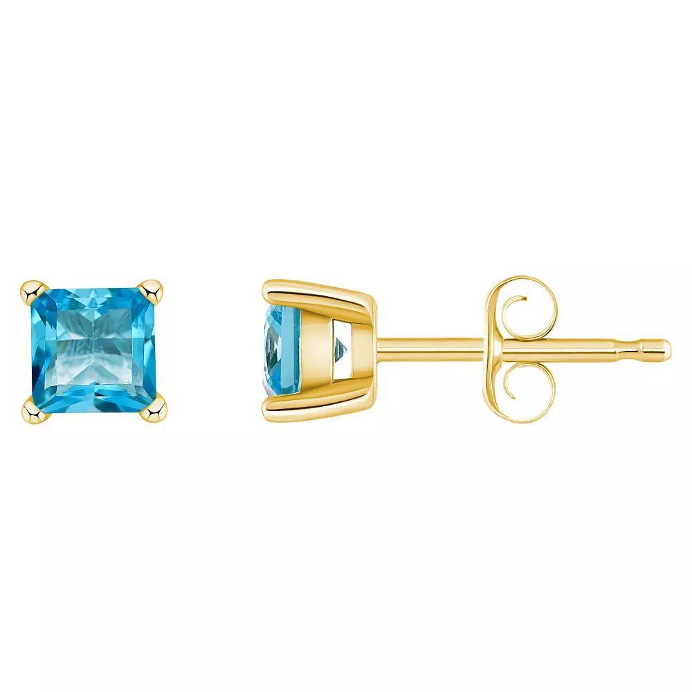 14k Gold 4 mm Princess Cut Swiss Blue Topaz Stud Earrings, Women's, 14k Yellow Gold Product Image