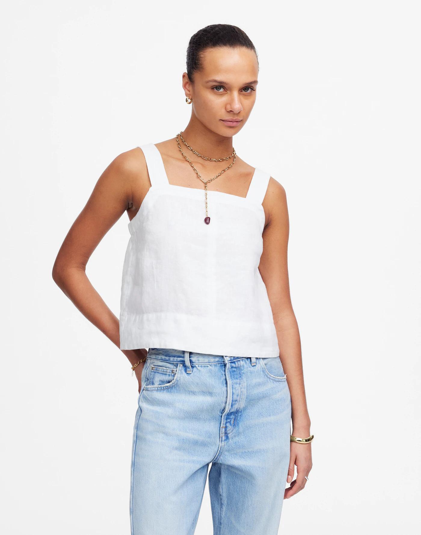 Contrast-Stitch Squareneck Top in 100% Linen Product Image
