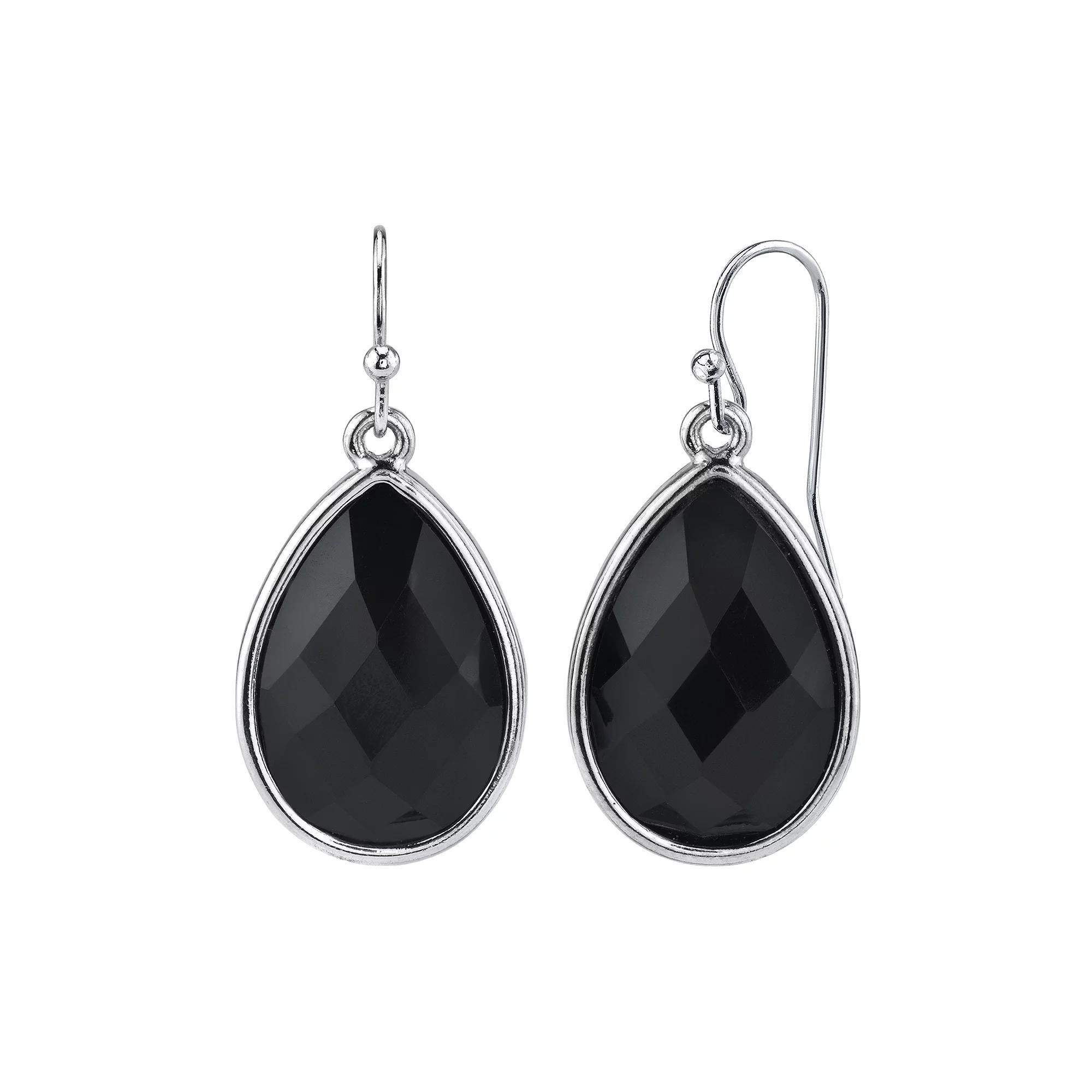1928 Jewelry Silver Tone Black Faceted Pearshape Drop Earrings, Womens Product Image