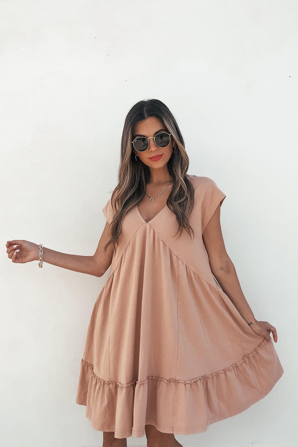 Light Apricot V Neck Mini Dress Product Image