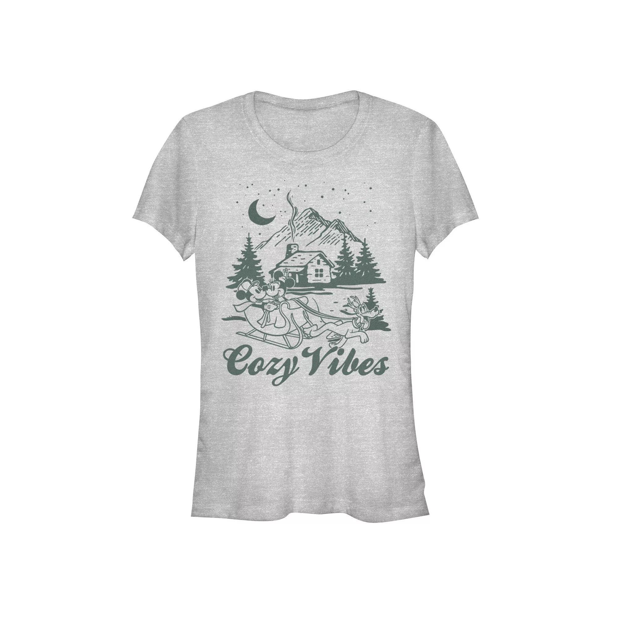 Disneys Mickey and Minnie Mouse Juniors Cozy Vibes Graphic Tee, Womens Athletic Grey Product Image