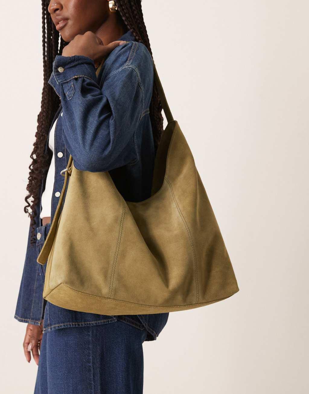 ASOS DESIGN suede slouchy buckle tote bag in khaki Product Image