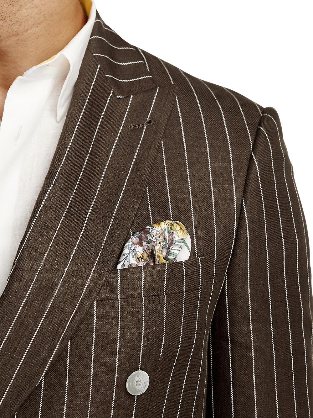 Linen Pinstripe Double Breasted Peak Lapel Suit Jacket - Dark Brown Product Image