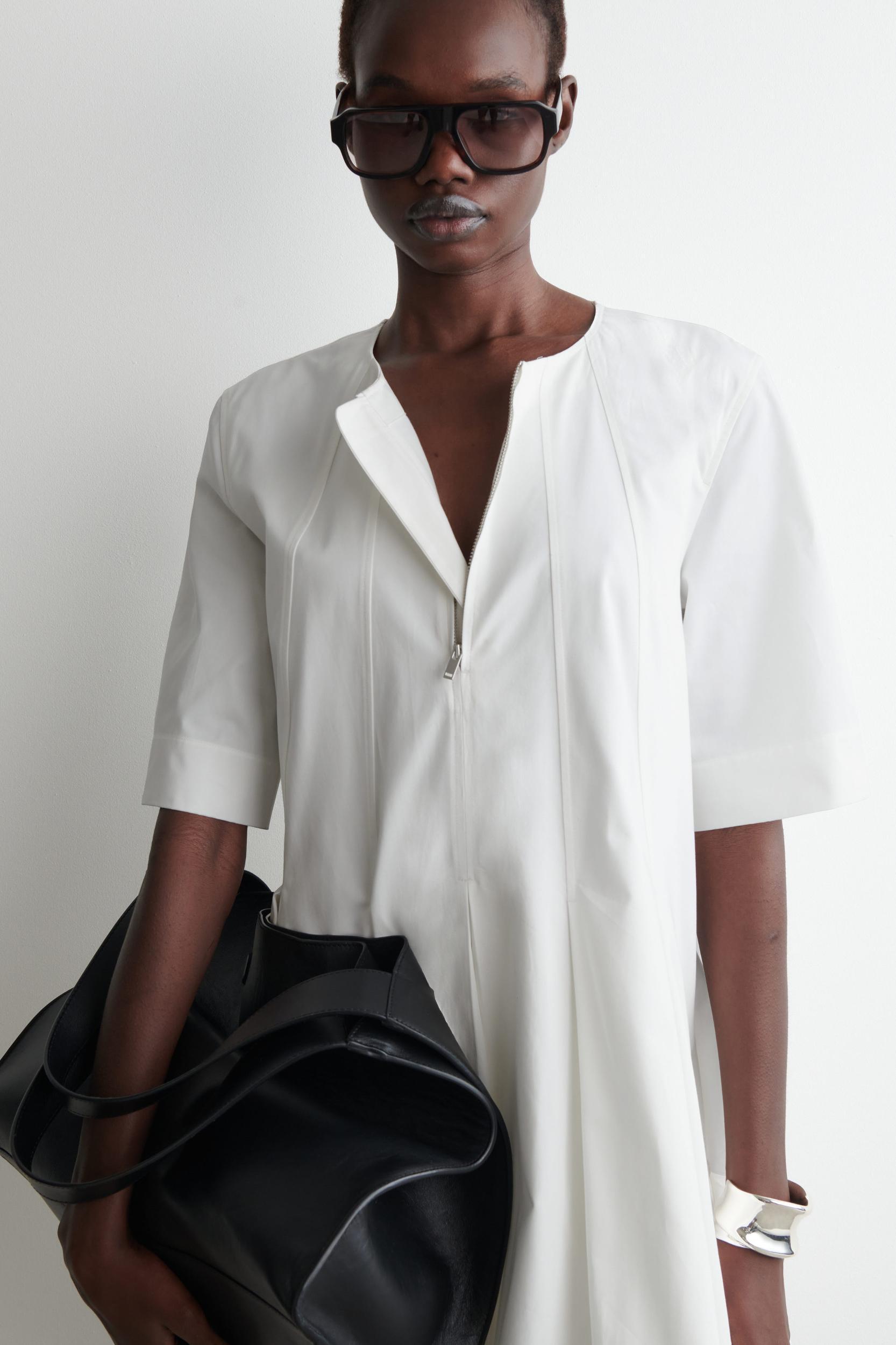 PLEATED ZIP UP COTTON MINI DRESS Product Image