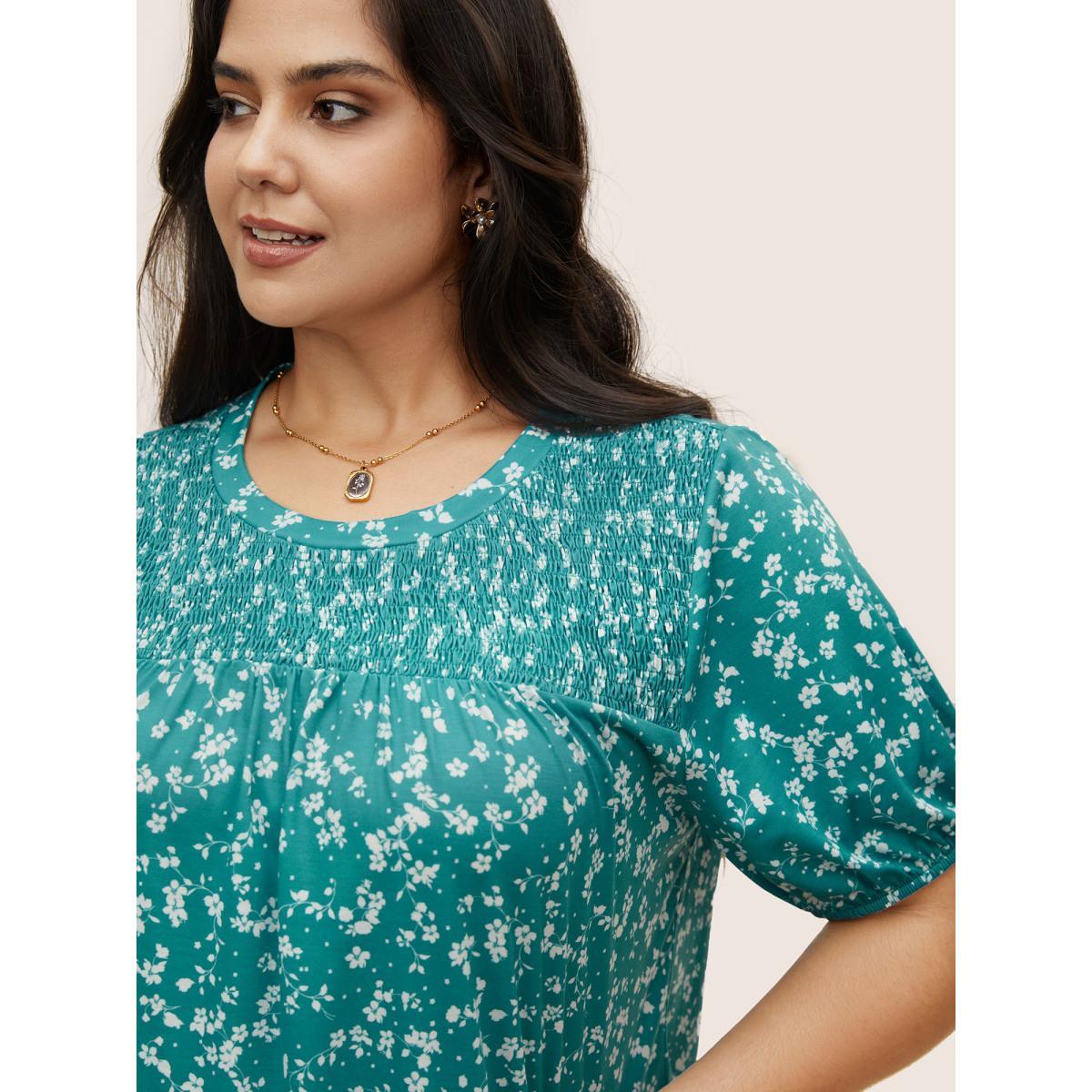 Plus Size Ditsy Floral Shirred Lantern Sleeve T-shirt Emerald Women Elegant Gathered Round Neck Everyday T-shirts BloomChic 12/L Product Image