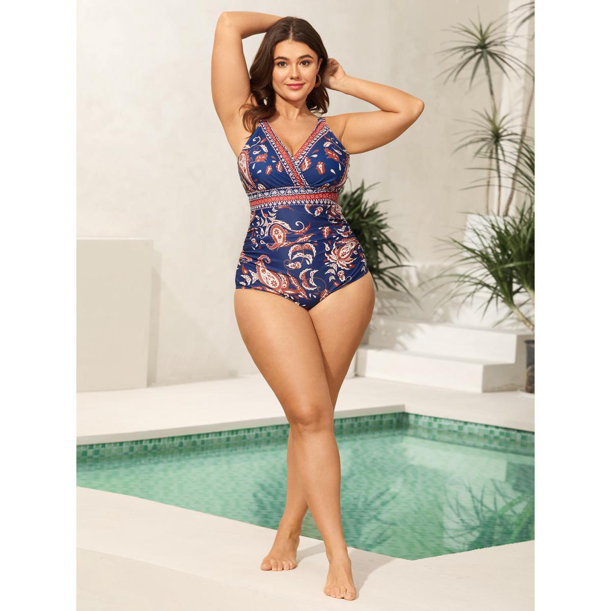 Plus Size Paisley Print Surplice One-Piece Swimsuit Women's Swimwear Indigo Beach Curve Bathing Suits High stretch One Pieces BloomChic 30/6X Product Image