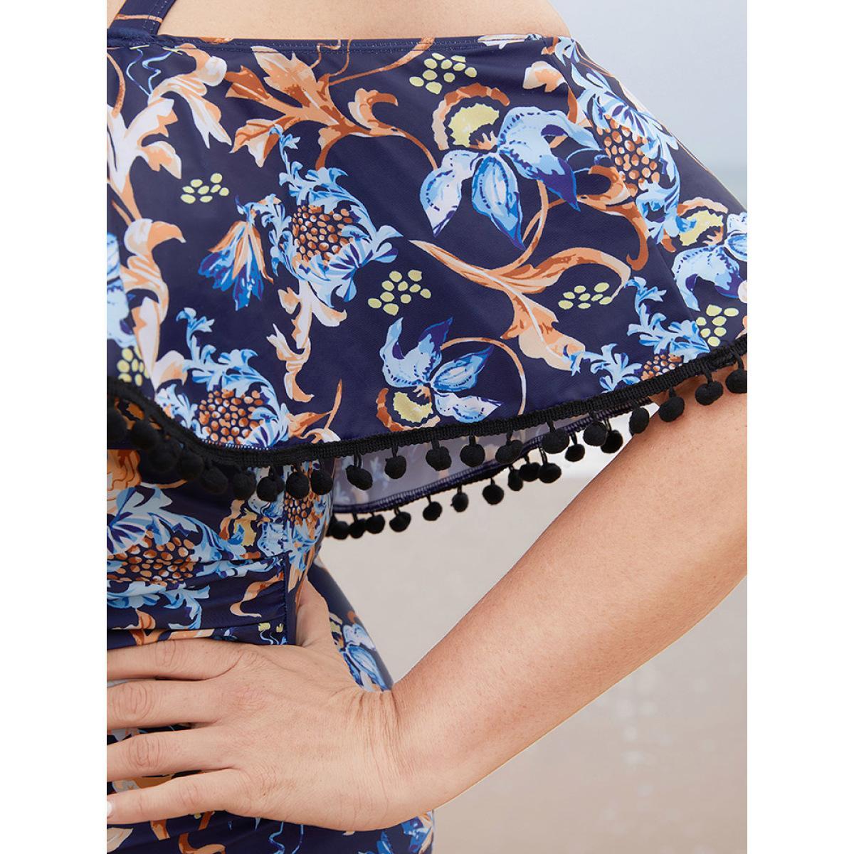 Plus Size Floral Pompom Trim Cold Shoulder One Piece Swimsuit Women's Swimwear Indigo Vacation Adjustable Straps Curve Bathing Suits High stretch One Pieces BloomChic 18-20/2X Product Image