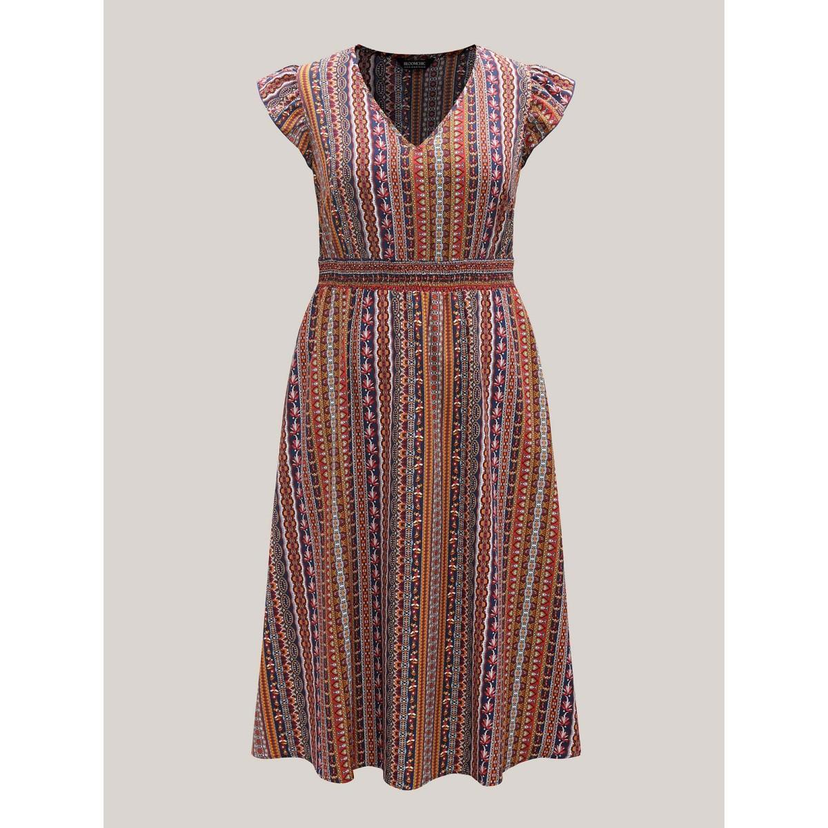 Plus Size Sunny Stripes Pockets Shirred Midi Dress Multicolor Women V-neck Cap Sleeve Curvy BloomChic 26/4X Product Image