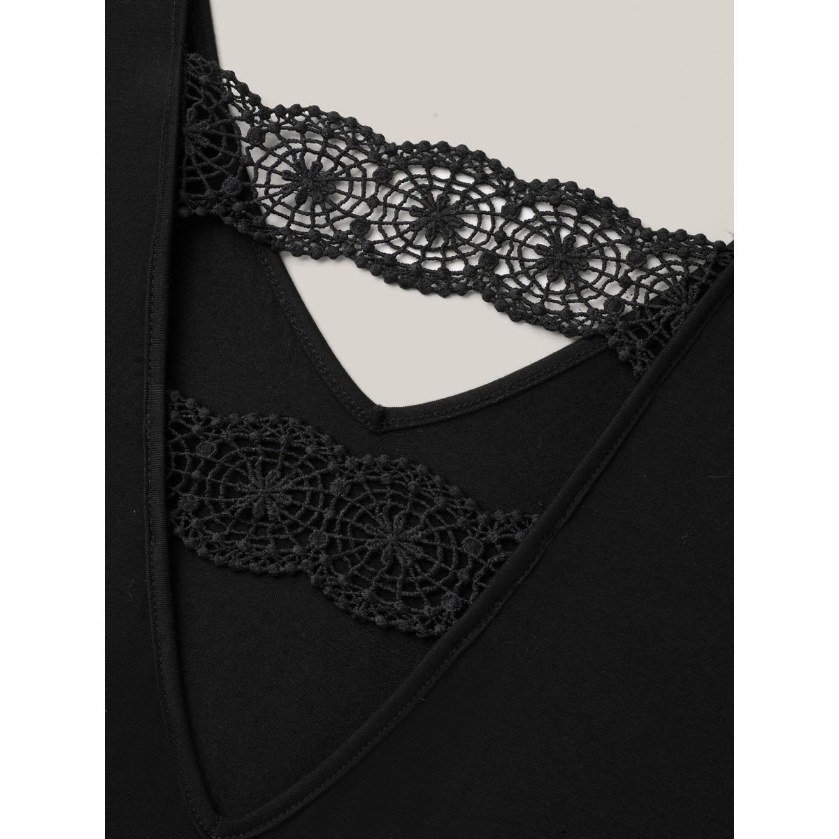 Plus Size Back Lace Cut-Out V-Neck T-Shirt Black Women Elegant Patchwork V-neck Everyday T-shirts BloomChic 14-16/1X Product Image