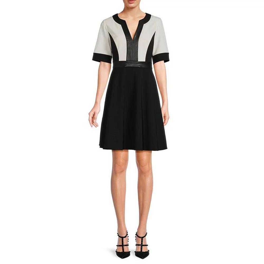 Women's Focus By Shani Colorblock Scuba Knit Fit and Flare Dress, Size: 2, Black Ivory Product Image