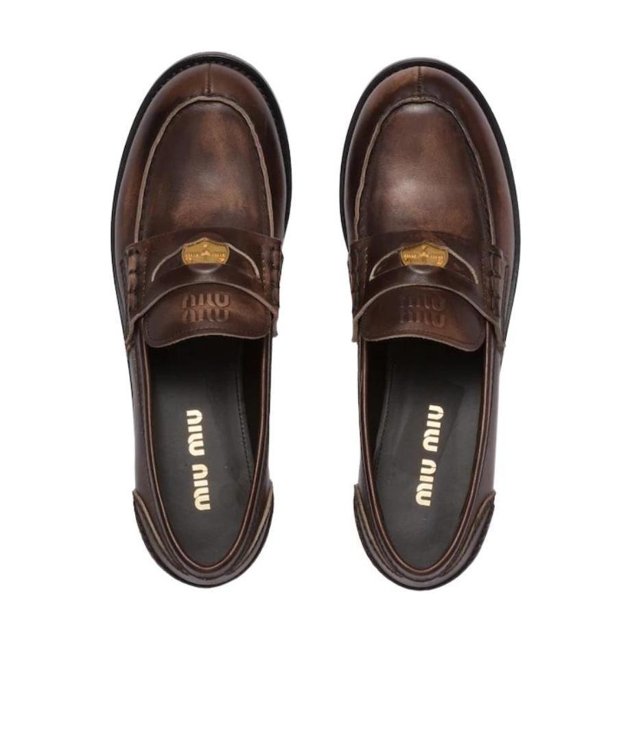 MIU MIU Leather Distressed Penny Loafers In Brown Product Image