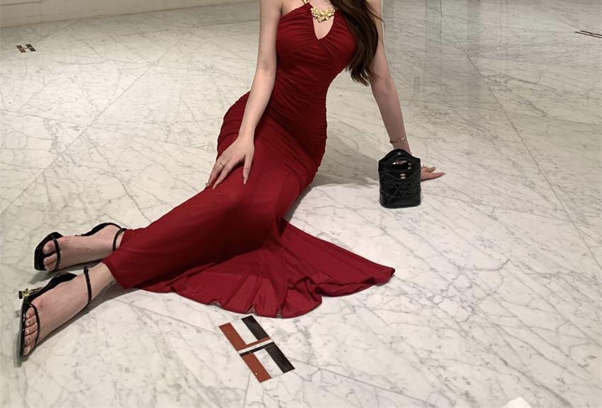 Halter Plain Ruched Maxi Mermaid Dress Product Image