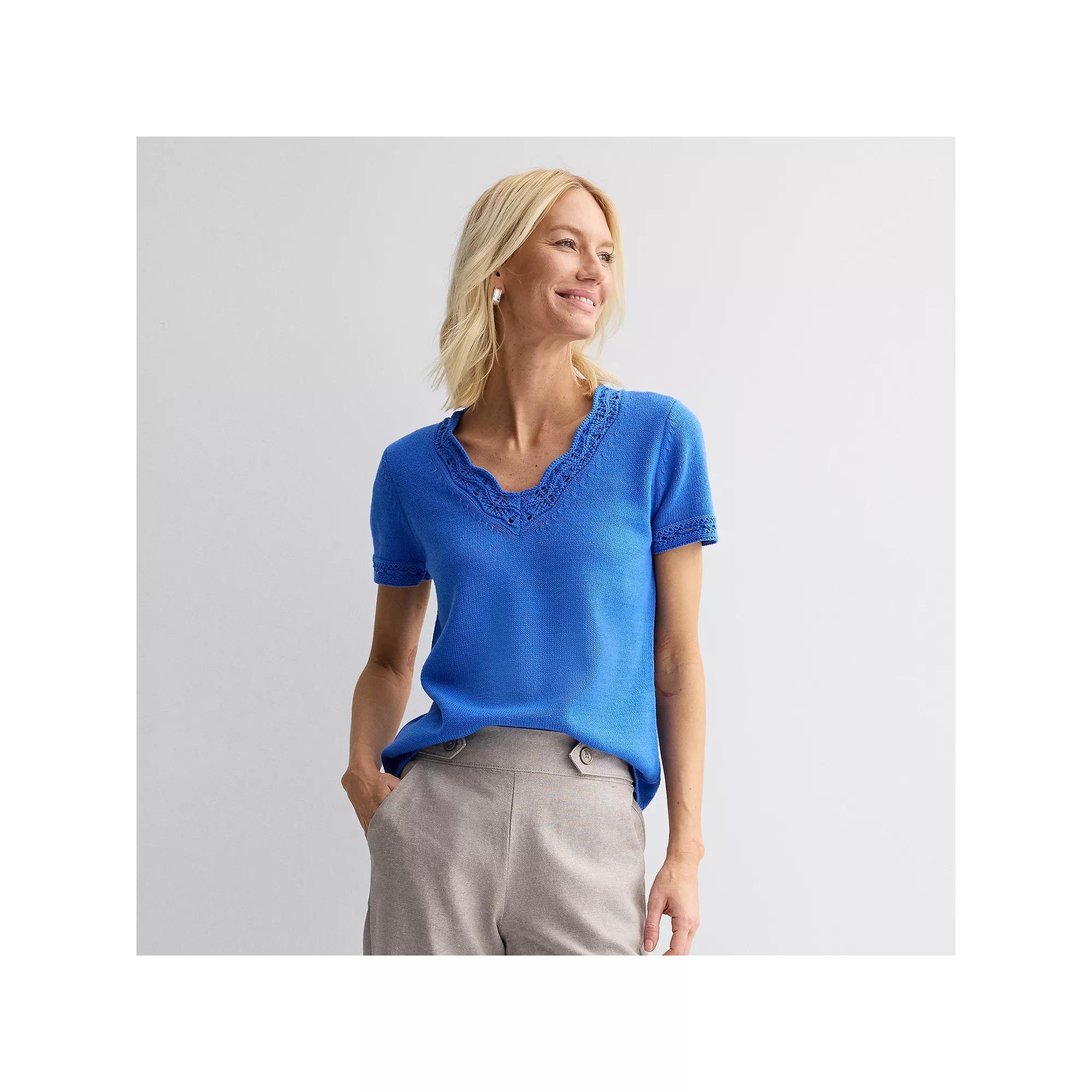 Women's Croft & Barrow® Crochet Trim V-Neck Sweater, Size: Small, Valen River Product Image
