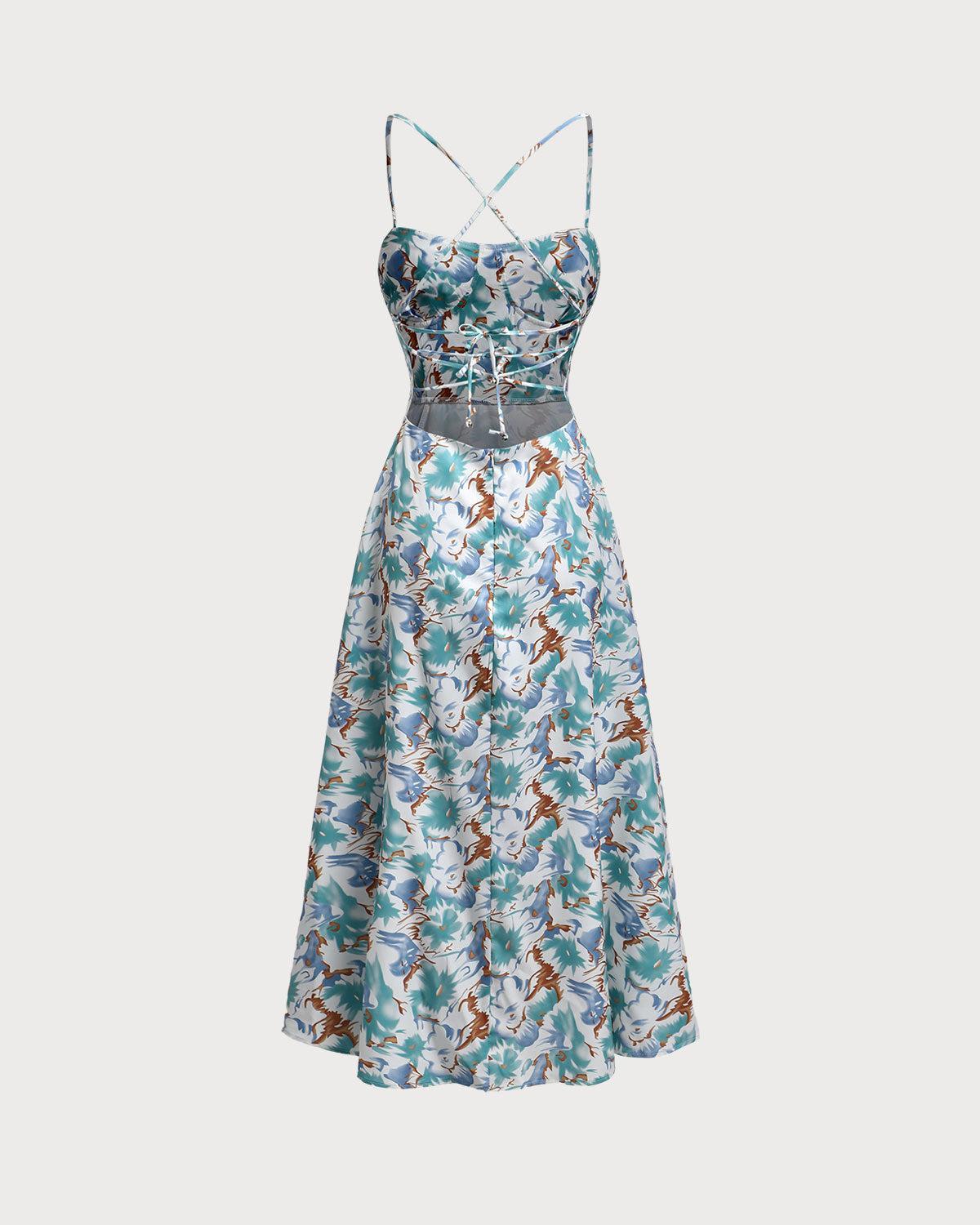 Green Floral Backless Slip Slit Maxi Dress Product Image