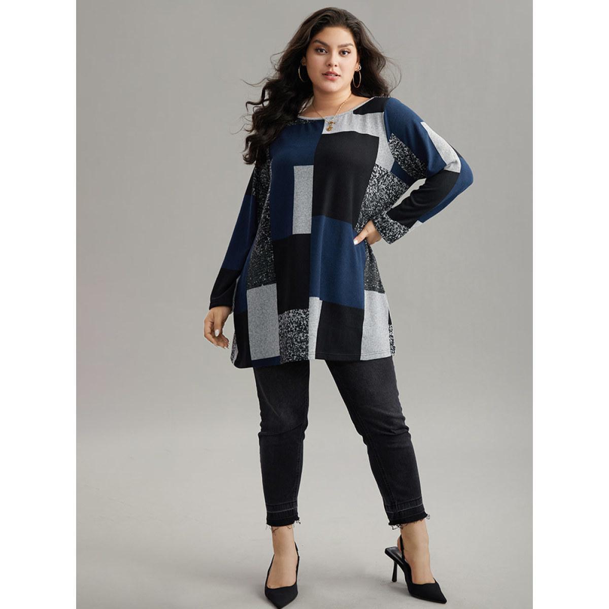 Plus Size Colorblock Contrast Round Neck T-shirt Indigo Women Elegant Contrast Colorblock Boat Neck Dailywear T-shirts BloomChic 10/M Product Image