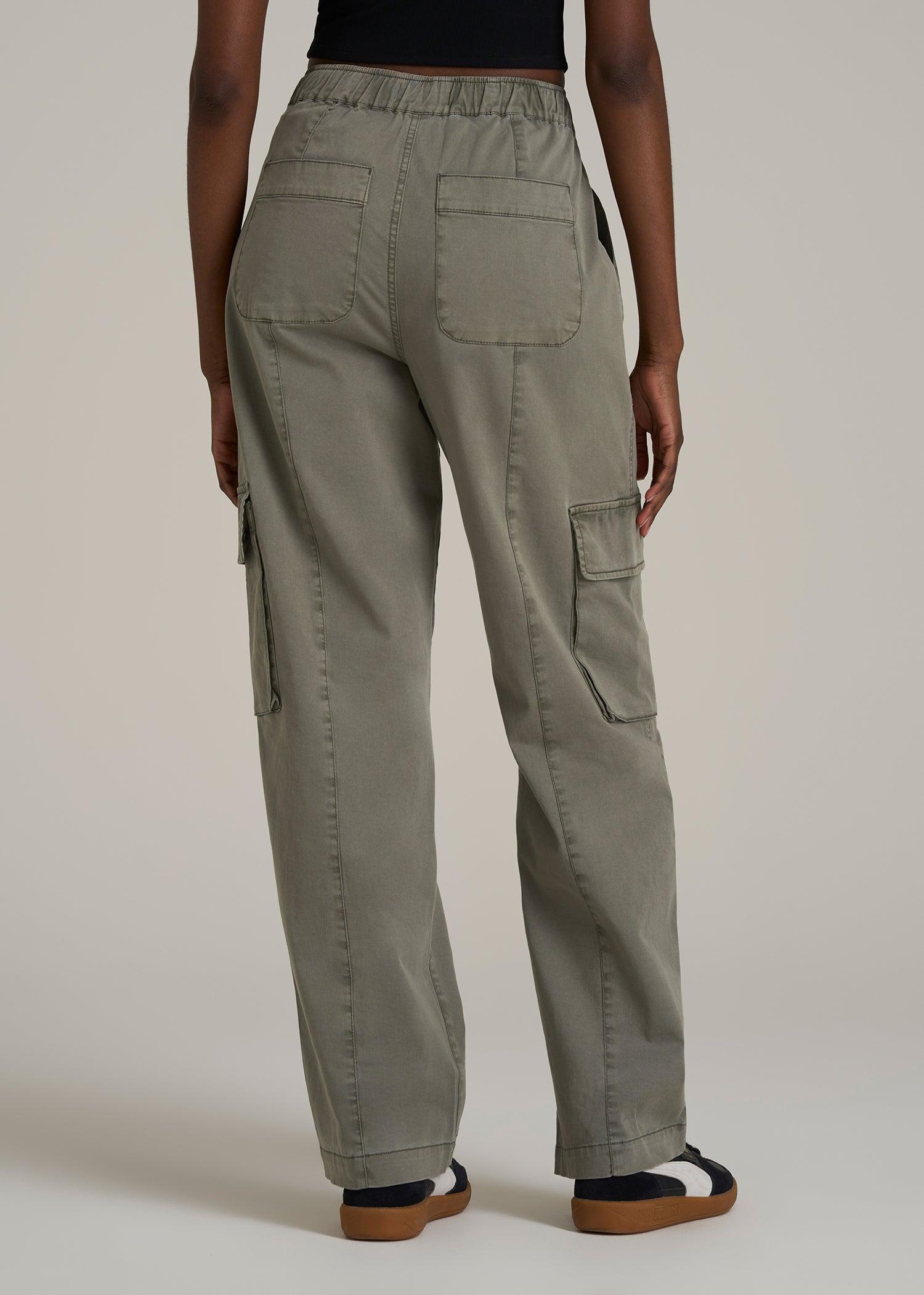 High Rise Garment Dyed Baggy Cargo Pants for Tall Women in Camper Green Product Image