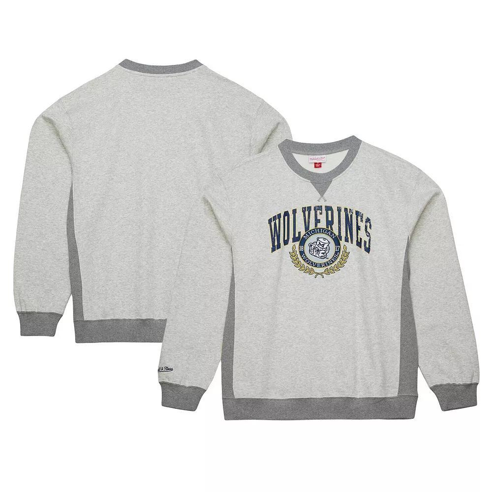 Men's Mitchell & Ness Heather Gray Michigan Wolverines Arched Fleece Crewneck Pullover Sweatshirt, Size: XL, Grey Product Image