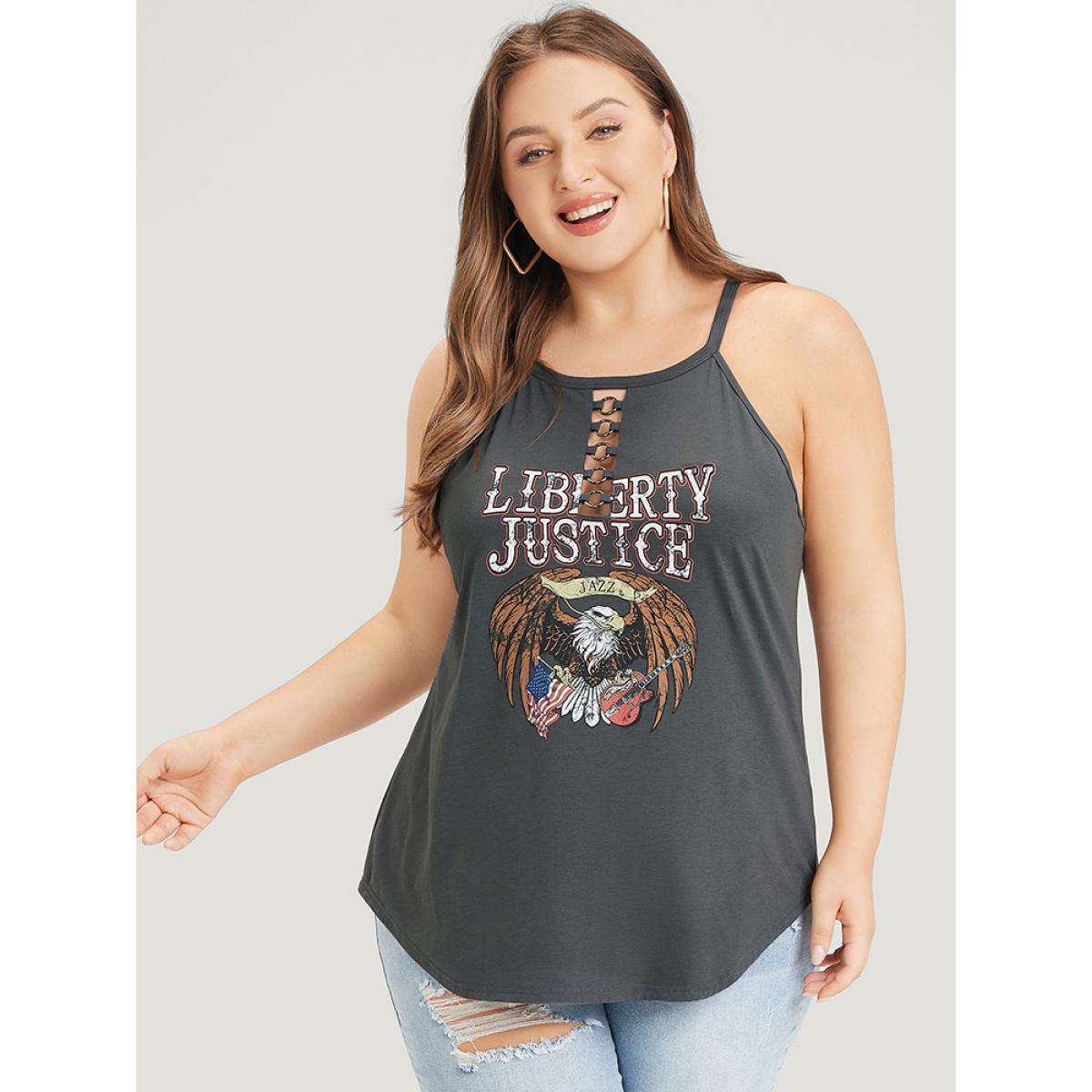 Plus Size Eagle & Letter Print Halter Metal Detail Cut Out Cami Top Women DimGray Casual Arc Hem Dailywear Tank Tops Camis BloomChic 14-16/1X Product Image