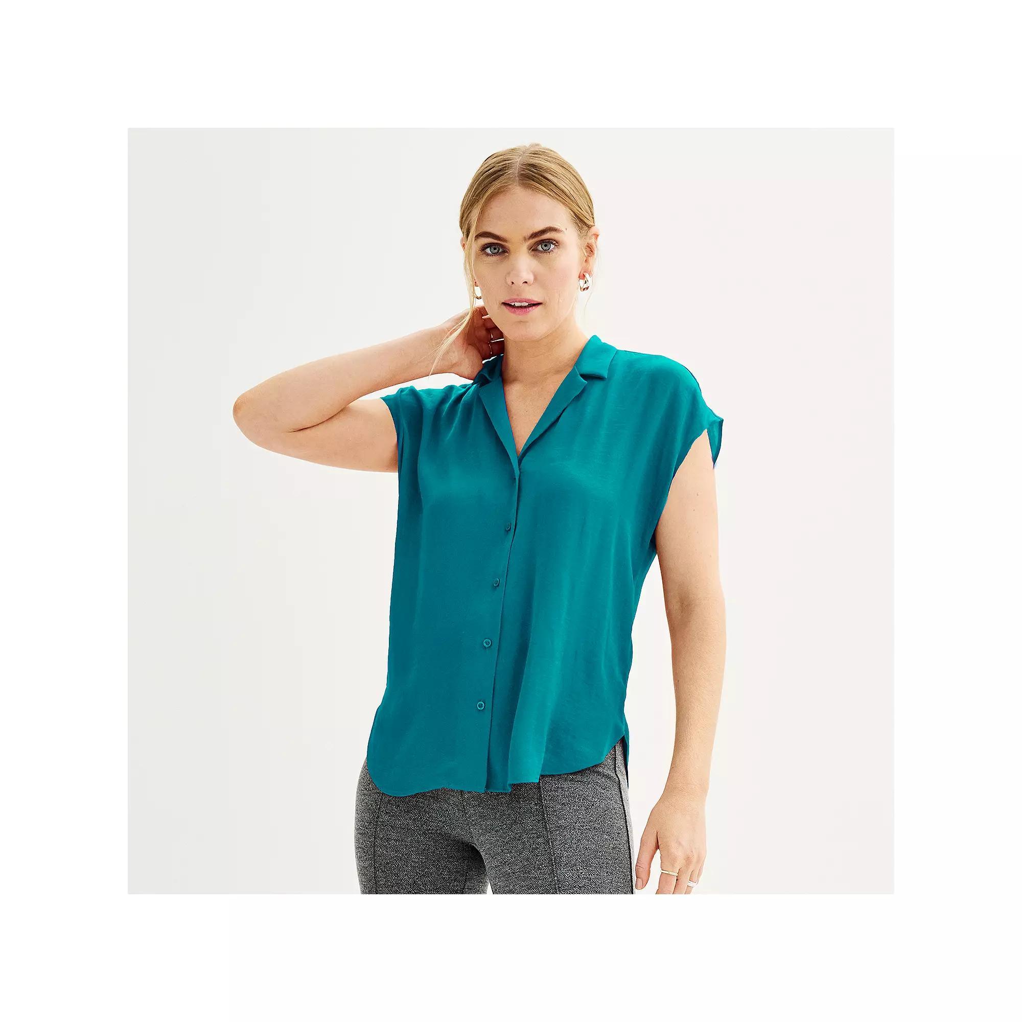 Women's Petite Nine West Short Sleeve Easy Lapel Shirt, Size: XXL Petite, Black Product Image