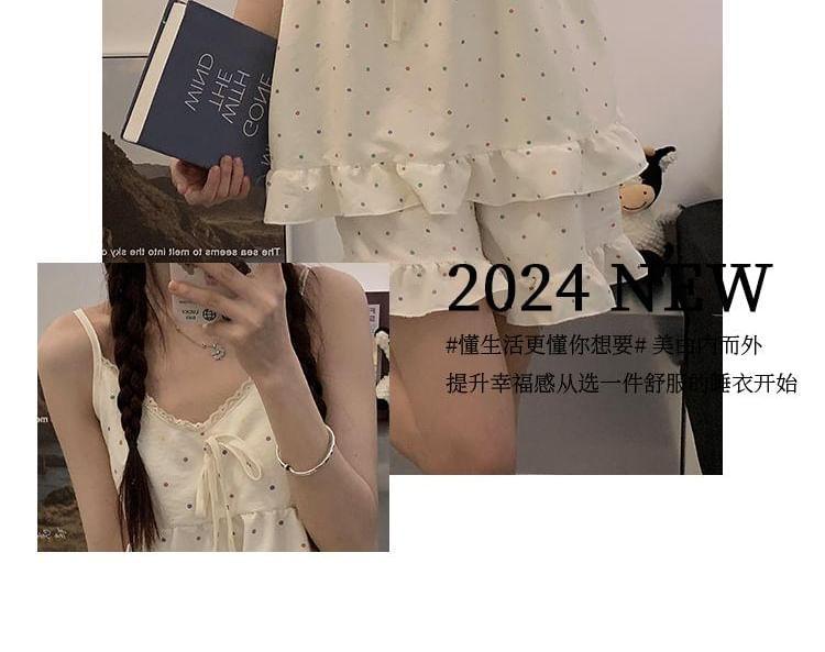 Pajama Set: Lace Trim Dotted Camisole Top + Shorts Product Image