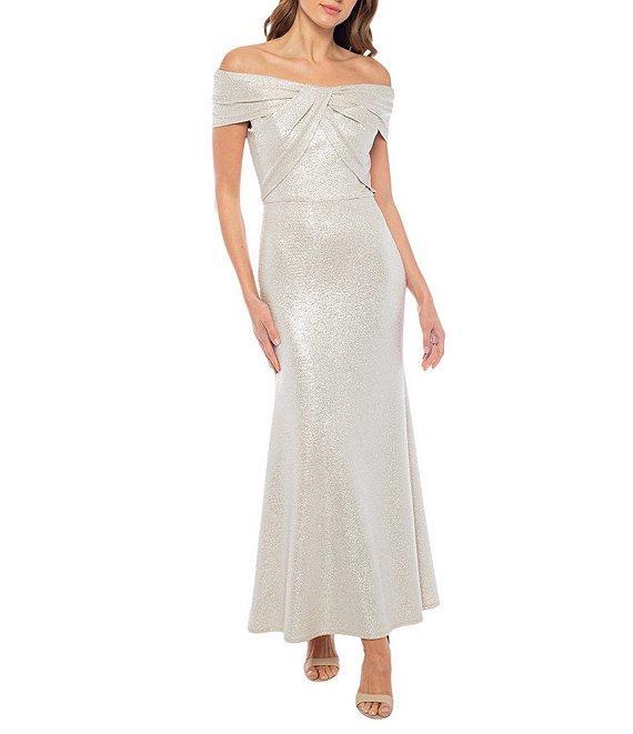 Marina Off-the-Shoulder Short Sleeve Twist Front Metallic Knit Gown Product Image